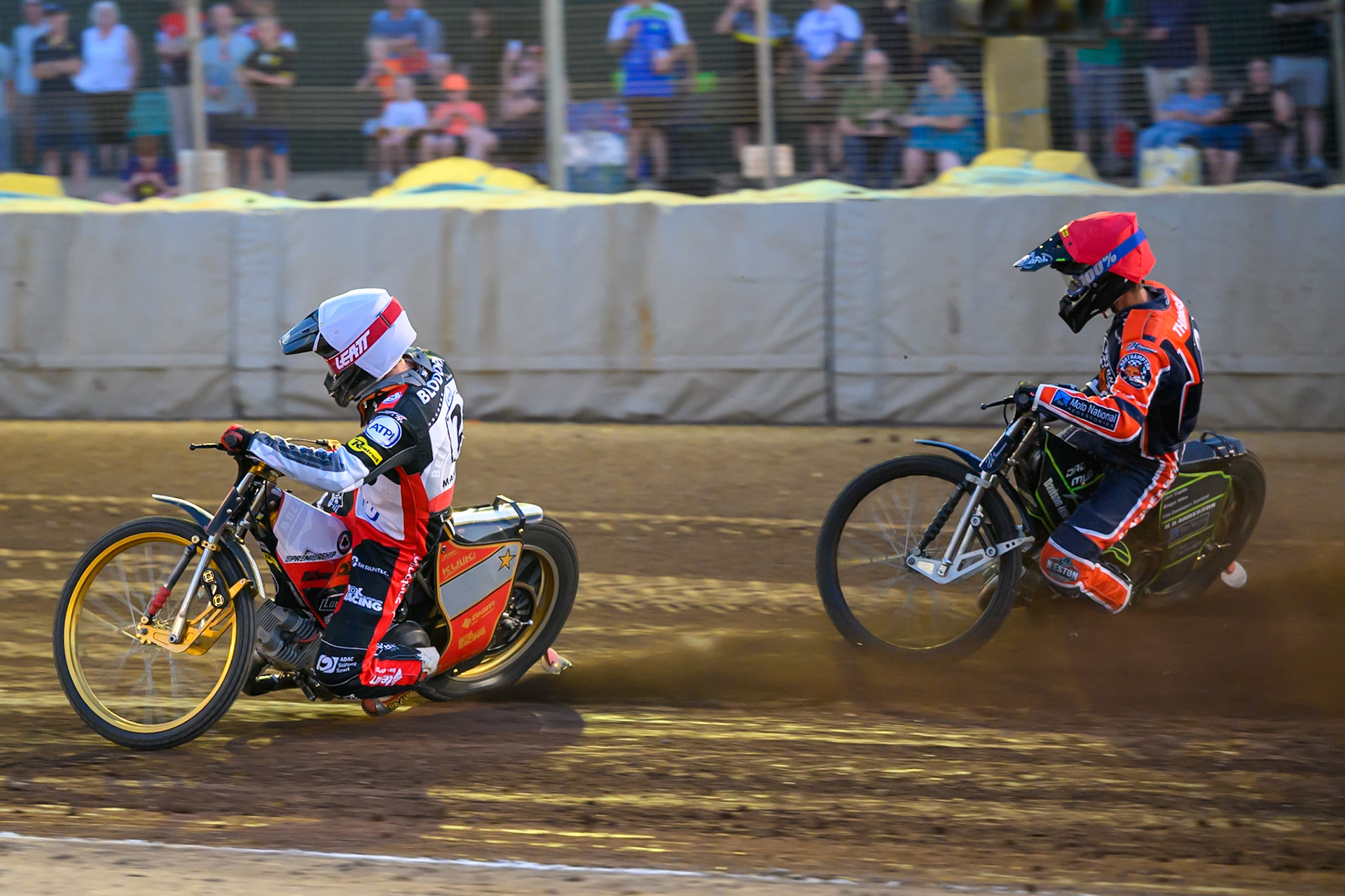 Norick Blodorn of Belle Vue Aces  in White leading Kye Thomson of Northampton Foxes in Red during the Rowe Motor Oil Premiership match between Northampton Foxes and Belle Vue Aces at Northampton International Shaleway, Northampton on Thursday 13th August 2026. (Photo: Ian Charles | MI News)