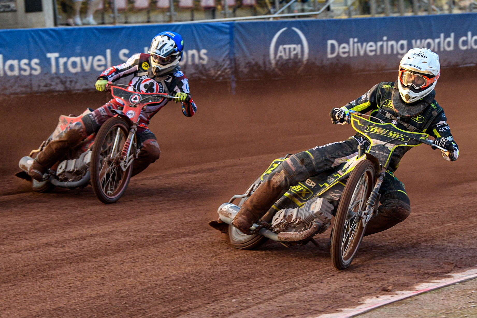 Keynan Rew (White) inside Connor Bailey (Blue) during the Sports Insure Premiership match between Belle Vue Aces and Ipswich Witches at the National Speedway Stadium, Manchester on Monday 17th July 2023. (Photo: Ian Charles | MI News)