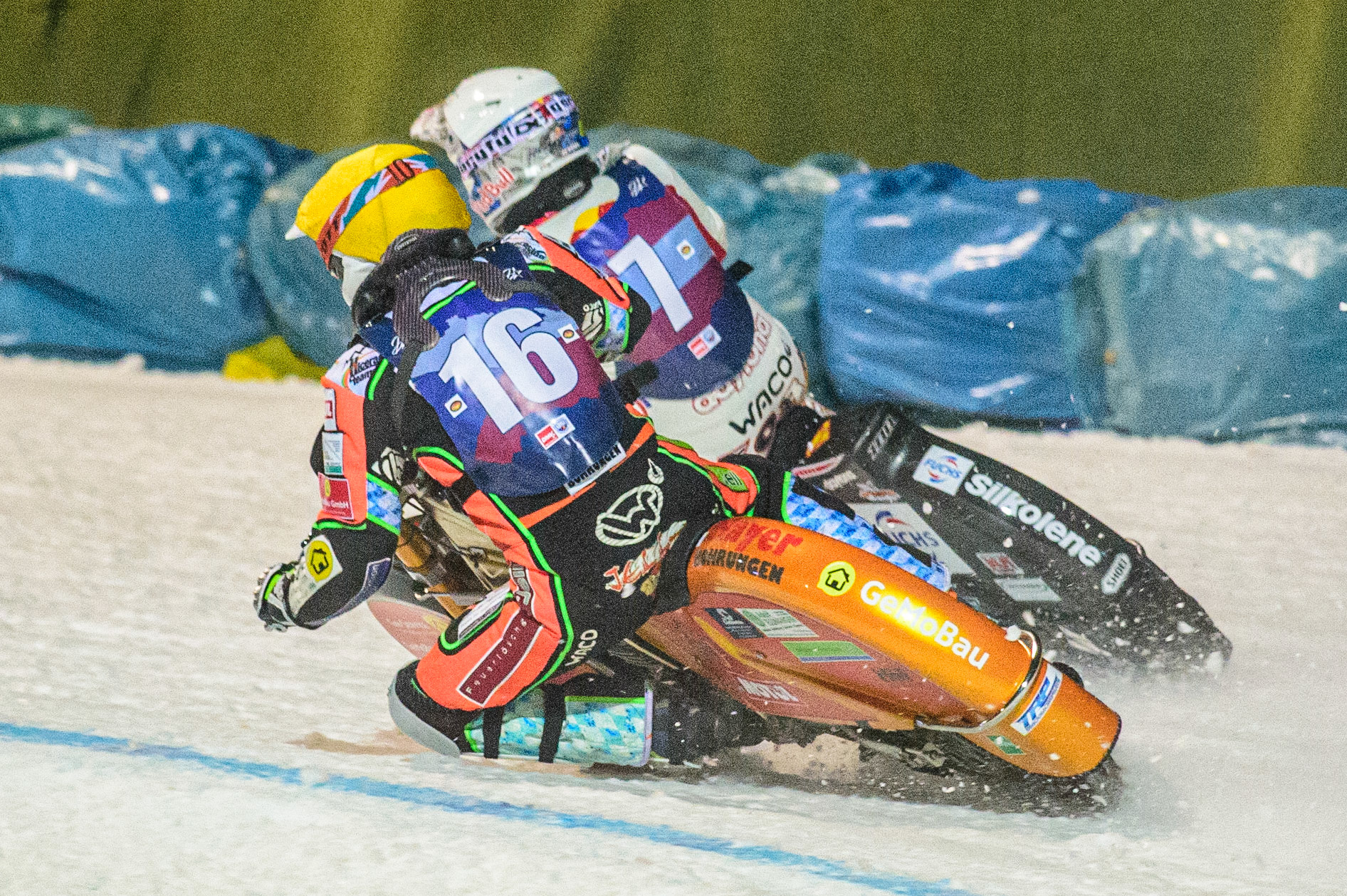 Markus Jell (Yellow) inside Franz Zorn (White) during the German Individual Ice Speedway Championship at Horst-Dohm-Eisstadion, Berlin on Friday 3rd March 2023. (Photo: Ian Charles | MI News)