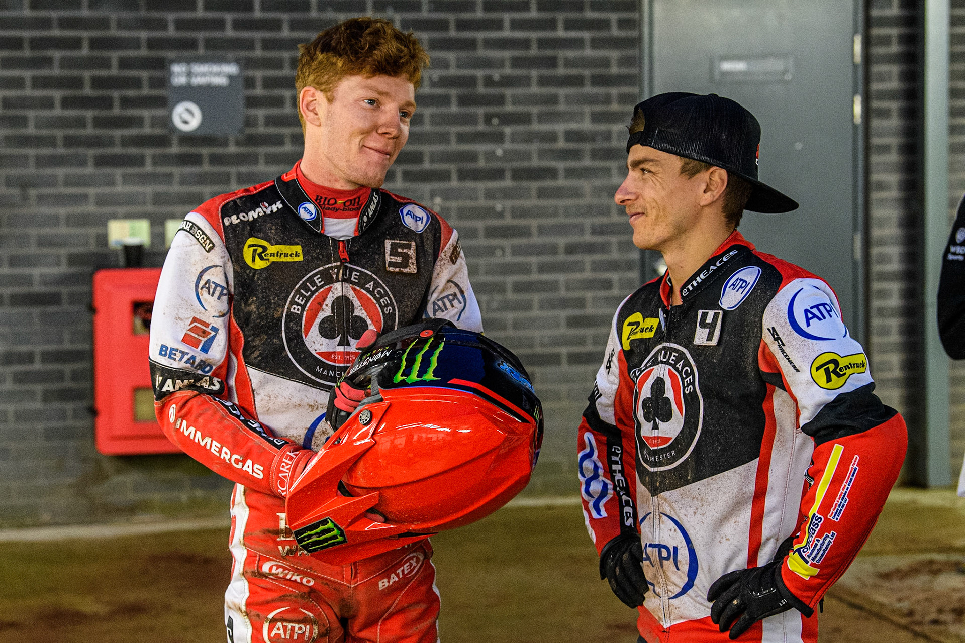 Belle Vue Aces' Dan Bewley (Left) chatting with Belle Vue Aces' Ben Cook during the Rowe Motor Oil Premiership match between Belle Vue Aces and Ipswich Witches at the National Speedway Stadium, Manchester on Monday 22nd April 2024. (Photo: Ian Charles | MI News)