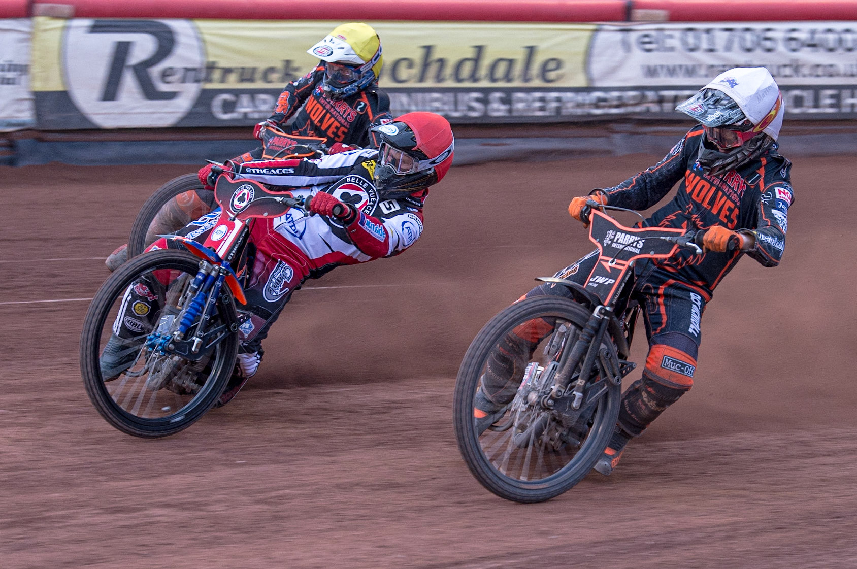 MANCHESTER, UK. JUN 13TH Sam Masters  (White) inside Brady Kurtz  (Red) and Steve Worrall  (Yellow) during the SGB Premiership match between Belle Vue Aces and Wolverhampton  Wolves at the National Speedway Stadium, Manchester on Monday 13th June 2022. (Credit: Ian Charles | MI News)