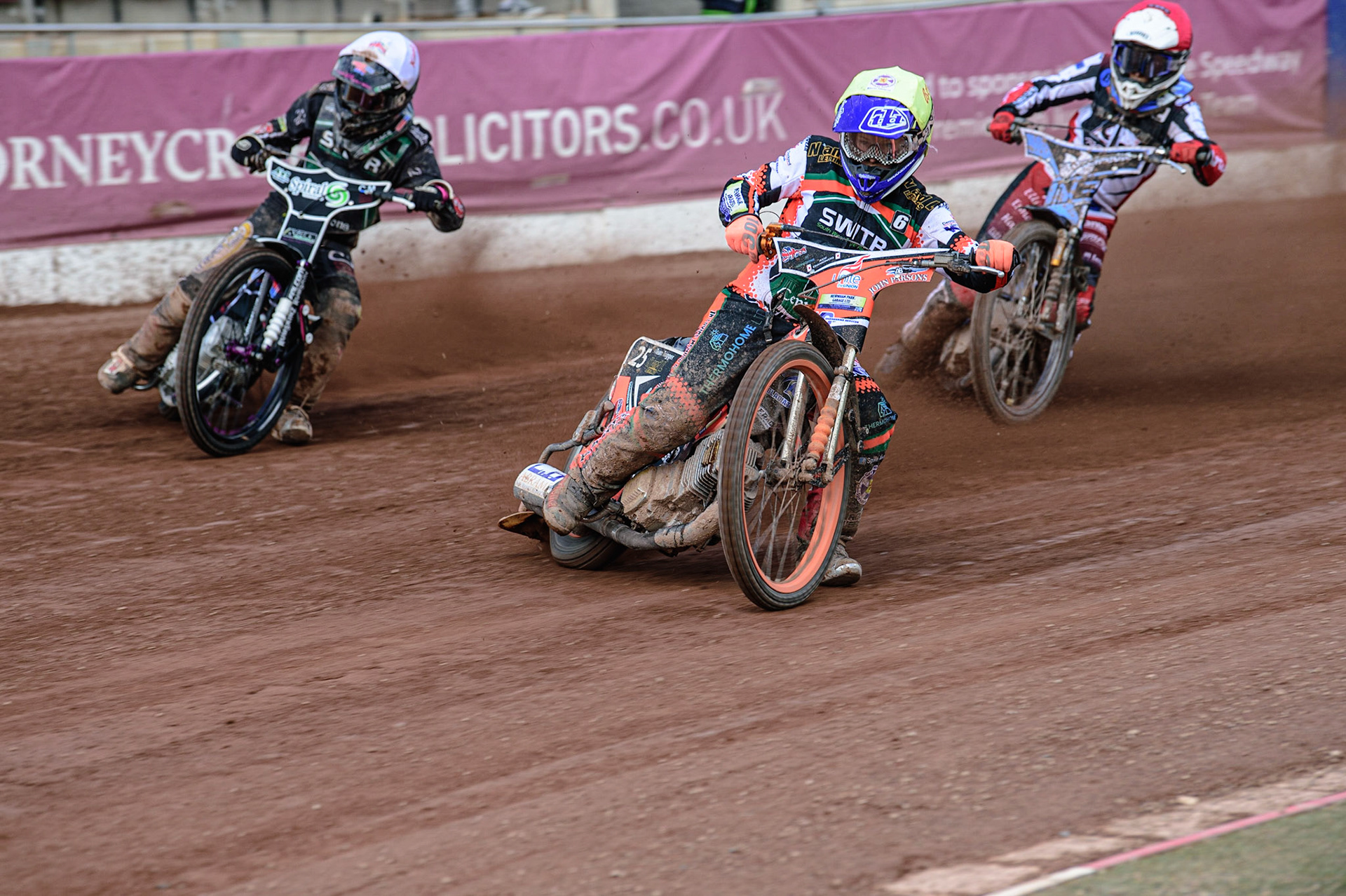 MANCHESTER, UK. APR 15TH  Ben Trigger  (Yellow) leads Connor King  (White) and Sam McGurk  (Blue)  during the National Development League match between Belle Vue Colts and Plymouth Centurions at the National Speedway Stadium, Manchester on Friday 15th April 2022. (Credit: Ian Charles | MI News)