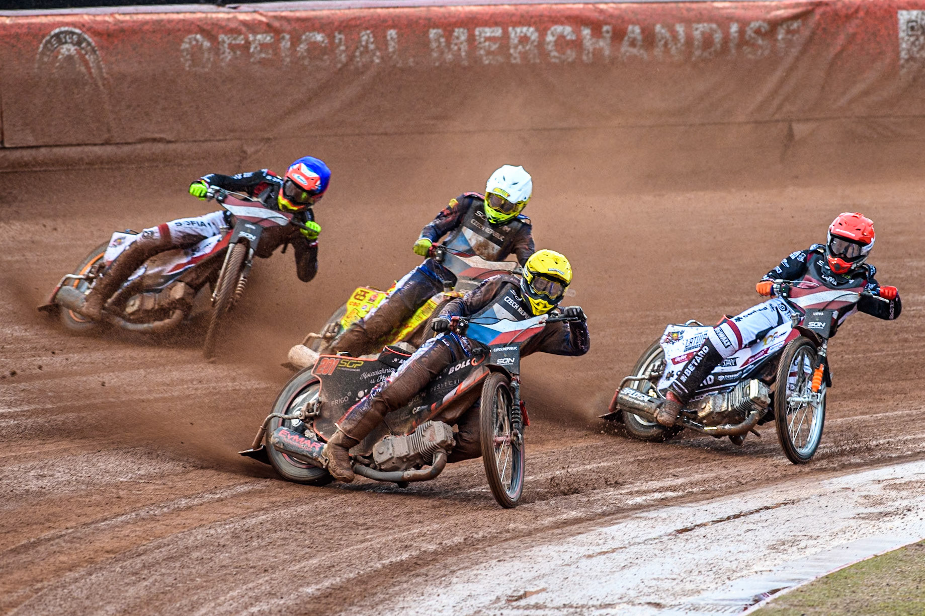 Latvia v Czech Republic: \Jan Kvech of The Czech Republic in Yellow leading Andzejs Lebedevs of Latvia in Red Vaclav Milik of The Czech Republic in White and Daniils Kolodinskis of Latvia in Blue during the Monster Energy FIM Speedway of Nation Semi Final 2 at the National Speedway Stadium, Manchester on Wednesday 10th July 2024. (Photo: Ian Charles | MI News)