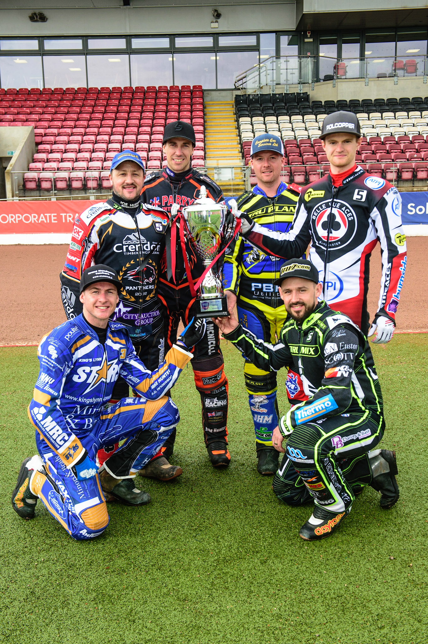 MANCHESTER, UK. APRIL 12TH: The Team Captains: (Clockwise from bottom left): Josh Pickering, Chris Harris, Sam Masters, Kyle Howarth, Brady Kurtz, Danny King at the Discovery Networks Eurosport Speedway Season Launch at the National Speedway Stadium, Manchester on Tuesday 12th April 2022 (Credit: Ian Charles | MI News)