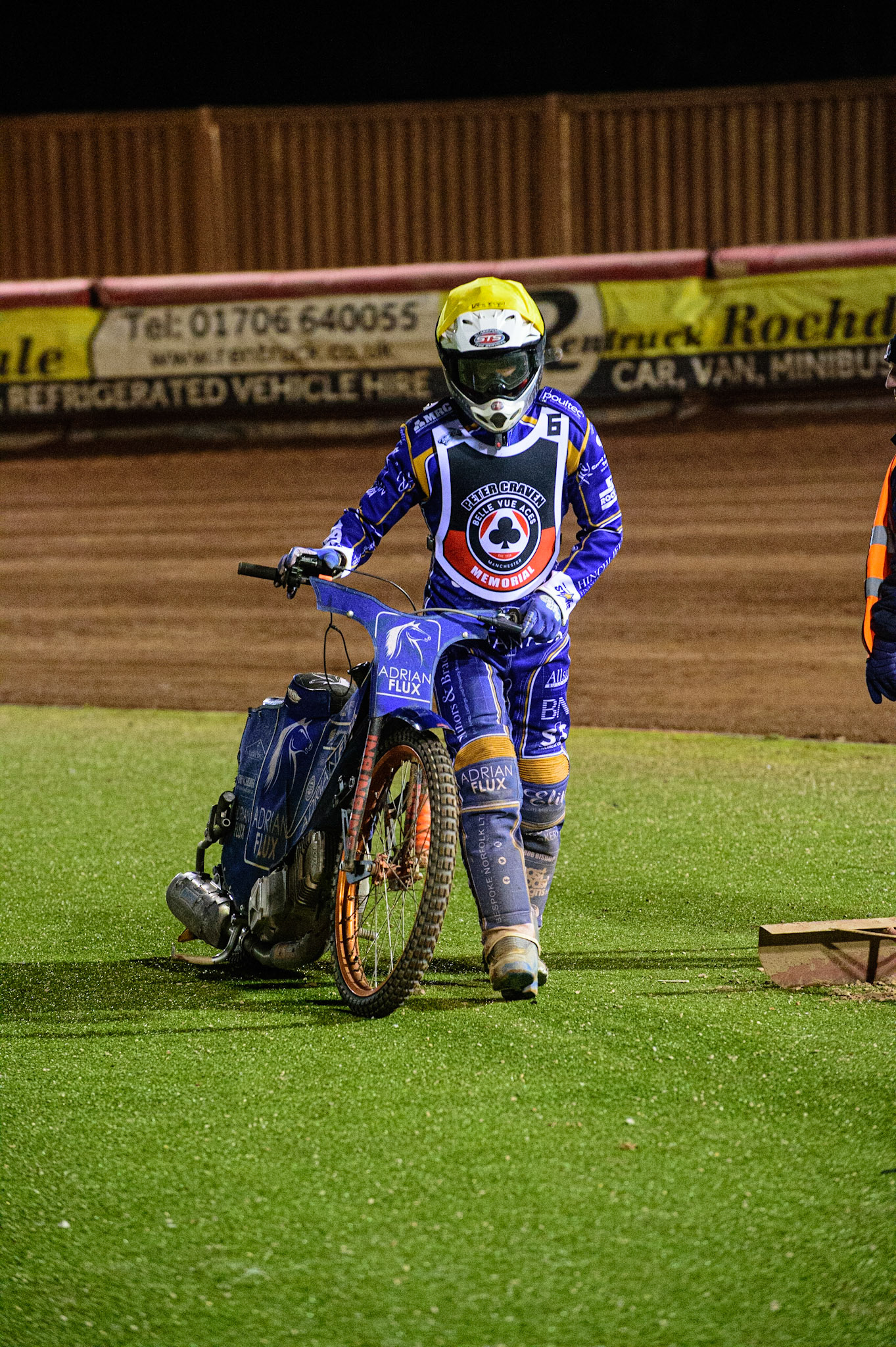 MANCHESTER, UK. OCT 23RD  Lewis Kerr  pushes his bike back to the pits after his engine failure during the Peter Craven Memorial Trophy event at the National Speedway Stadium, Manchester on Saturday 23rd October 2021. (Credit: Ian Charles | MI News)