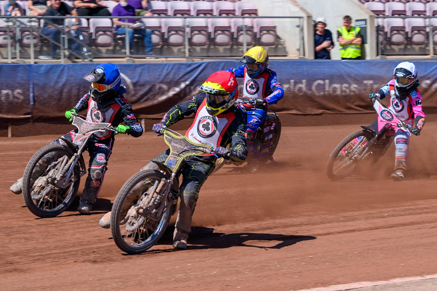 COLTS ACADEMY INDIVIDUAL EVENT Ben Whalley  in Red rides inside Jack Shimelt in Blue with Emerson Betty in Yellow  and Anika Loftus in White  behind during the JR Ashworth &amp; Sons Colts Academy Event at the National Speedway Stadium, Manchester on Sunday 19th July 2026. (Photo: Ian Charles | MI News)