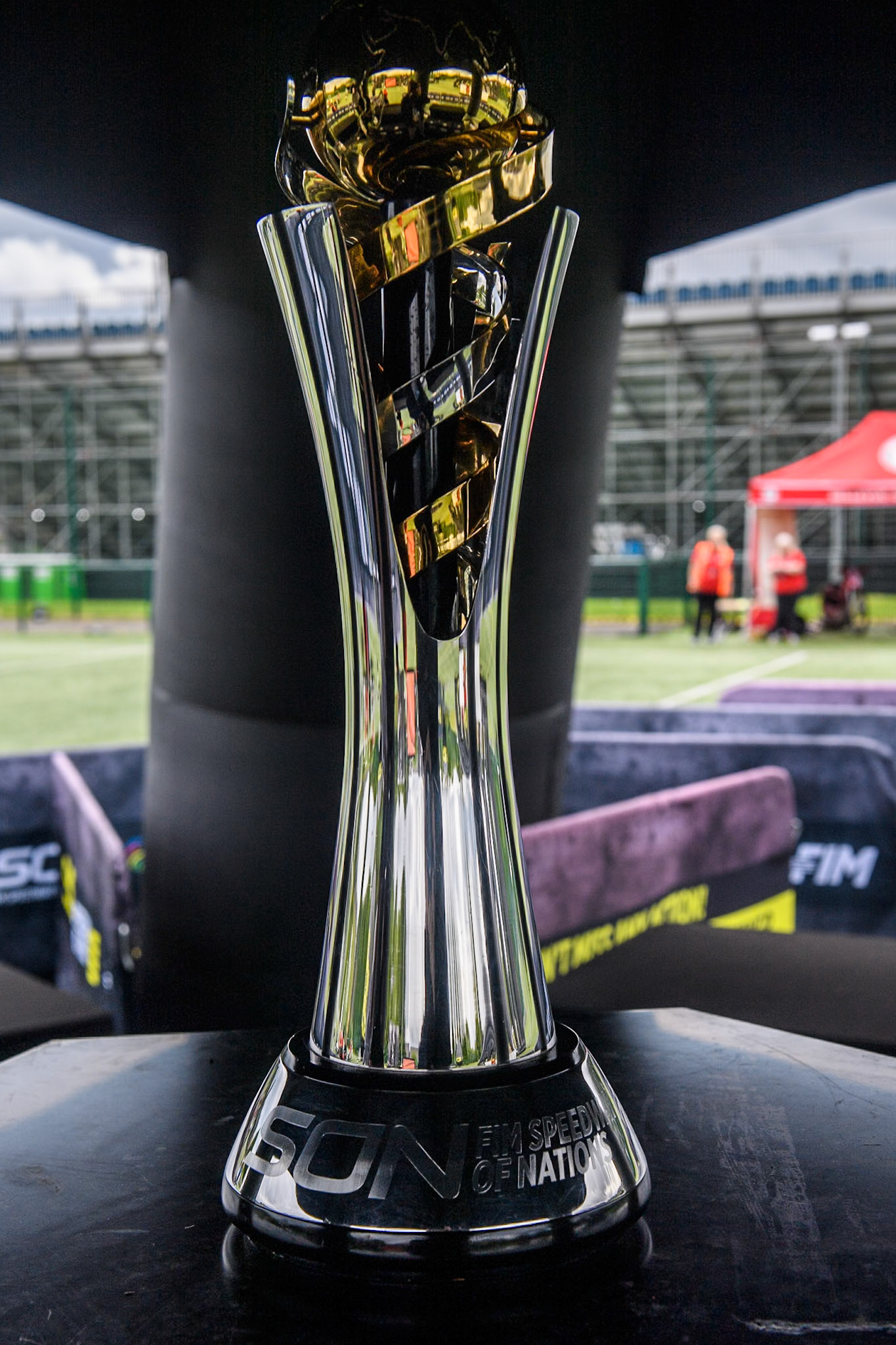 The Speedway of Nations trophy during the Monster Energy FIM Speedway of Nations Semi-Final 1 at the National Speedway Stadium, Manchester on Tuesday 9th July 2024. (Photo: Ian Charles | MI News)