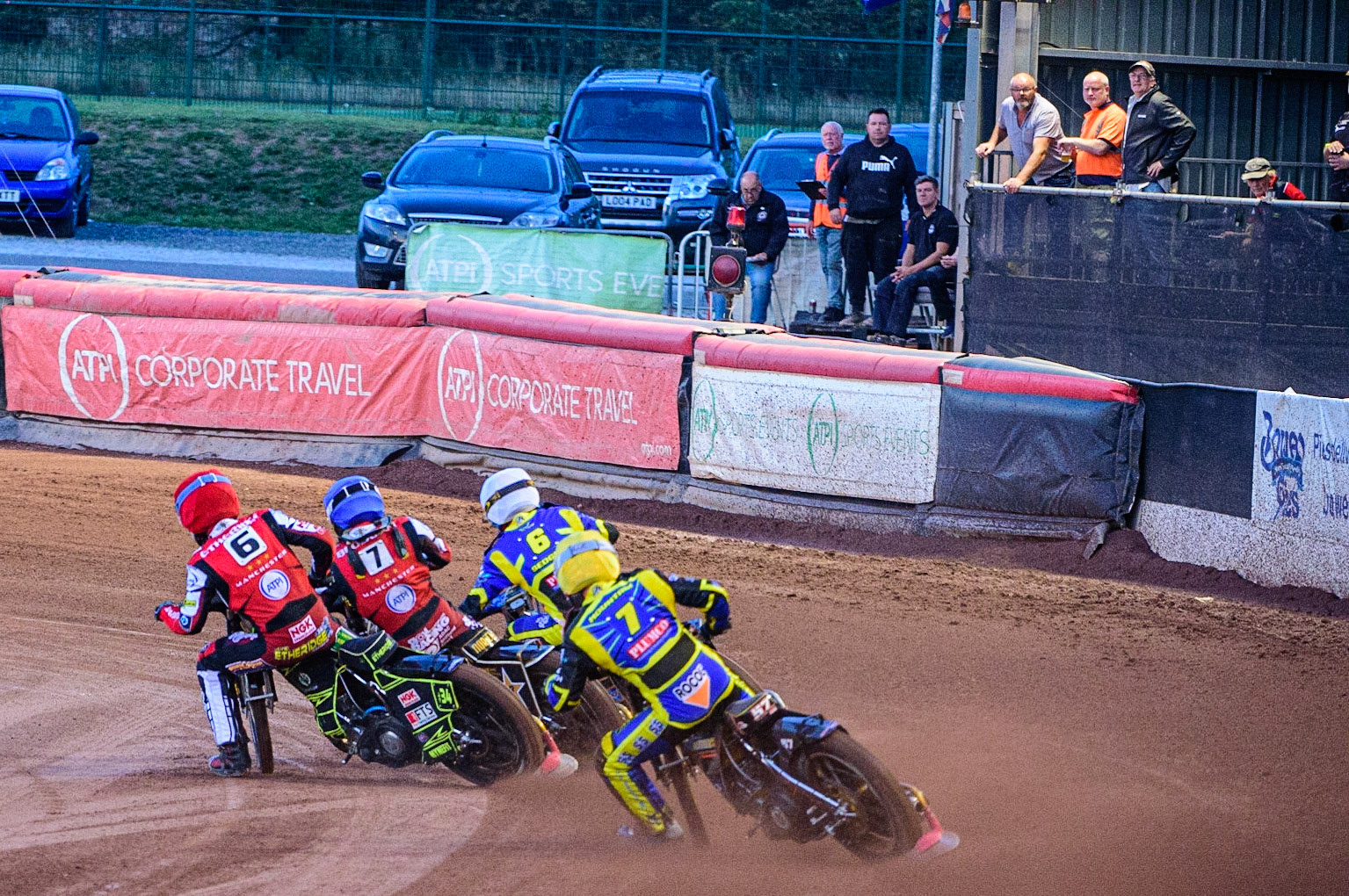 Connor Mountain (Yellow) chases Jye Etheridge  (Red) Norick Blodorn   (Blue) and Justin Sedgmen  (White) during the SGB Premiership match between Belle Vue Aces and Sheffield Tigers at the National Speedway Stadium, Manchester on Monday 5th September 2022. (Credit: Ian Charles | MI News)