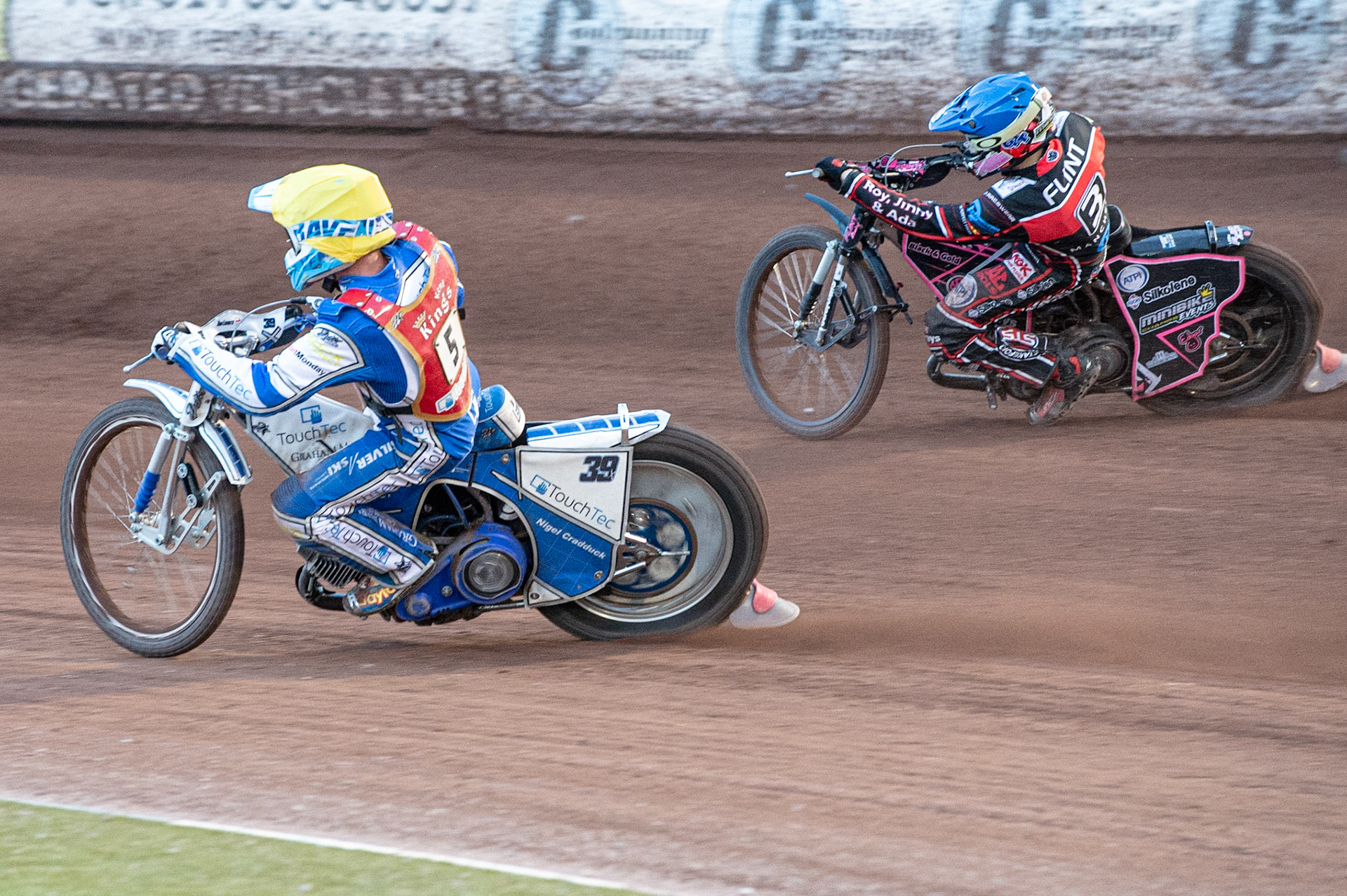 Photo: Ian Charles

Rob Ledwith  (Yellow) inside Leon Flint  (Red)

Belle Vue Colts v Kent Kings, SGB National League KO Cup Quarter Final 1st Leg, Belle Vue National Speedway Stadium, Manchester, Thursday 20  June  2019