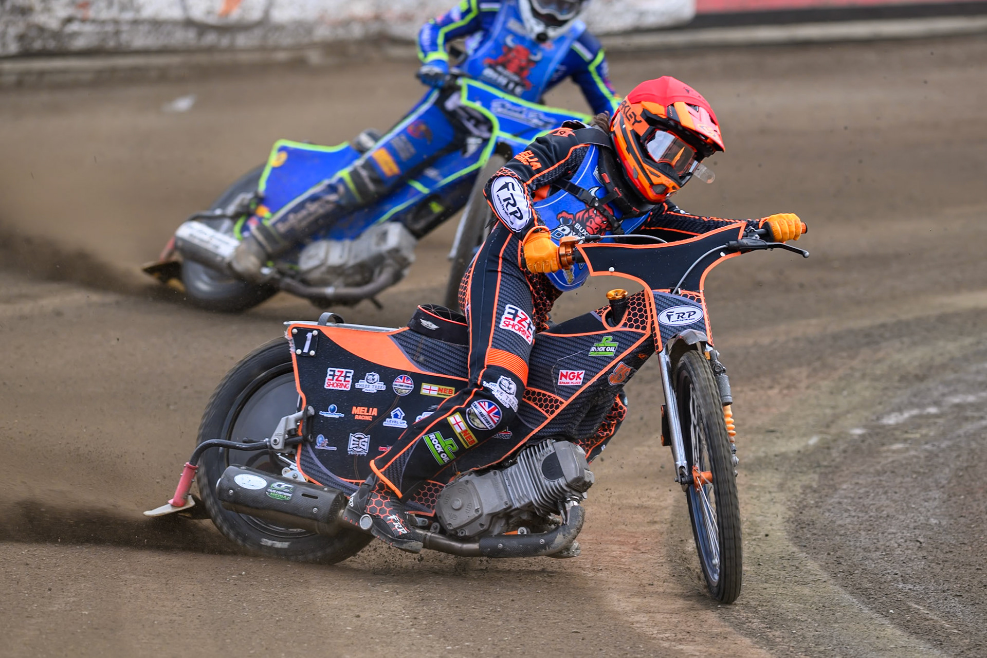 Jack Smith of Buxton Bulls gets out os shape whilst leading  team mate Arran Butcher of Buxton Bulls during the WSRA National Development League match  between Buxton Bulls and Middlesborough Tigers at Hi-Edge Speedway, Buxton on Sunday 16th August 2026. (Photo: Ian Charles | MI News)