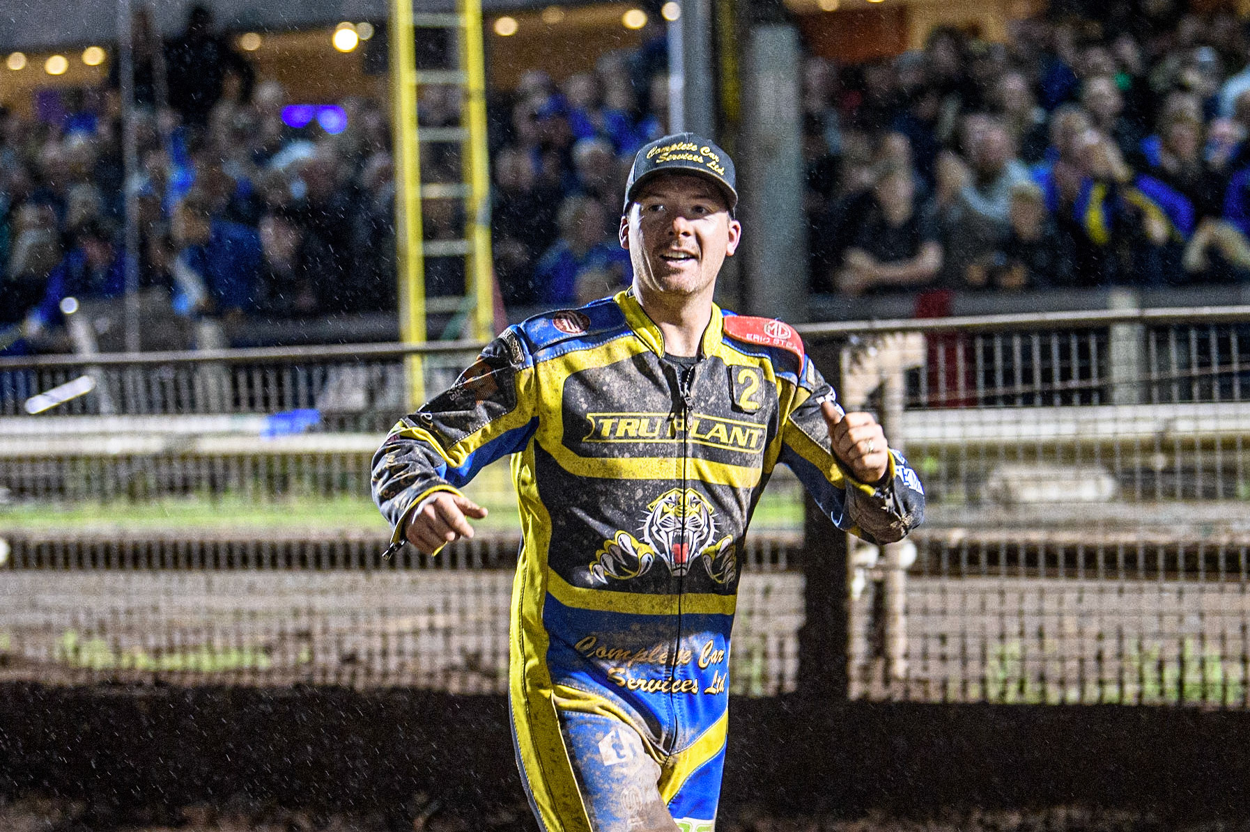 a jubilant Sheffield skipper Kyle Howarth during the Sports Insure Premiership Grand Final Second Leg match between Sheffield Tigers and Ipswich Witches at Owlerton Stadium, Sheffield on Thursday 5th October 2023. (Photo: Ian Charles | MI News)