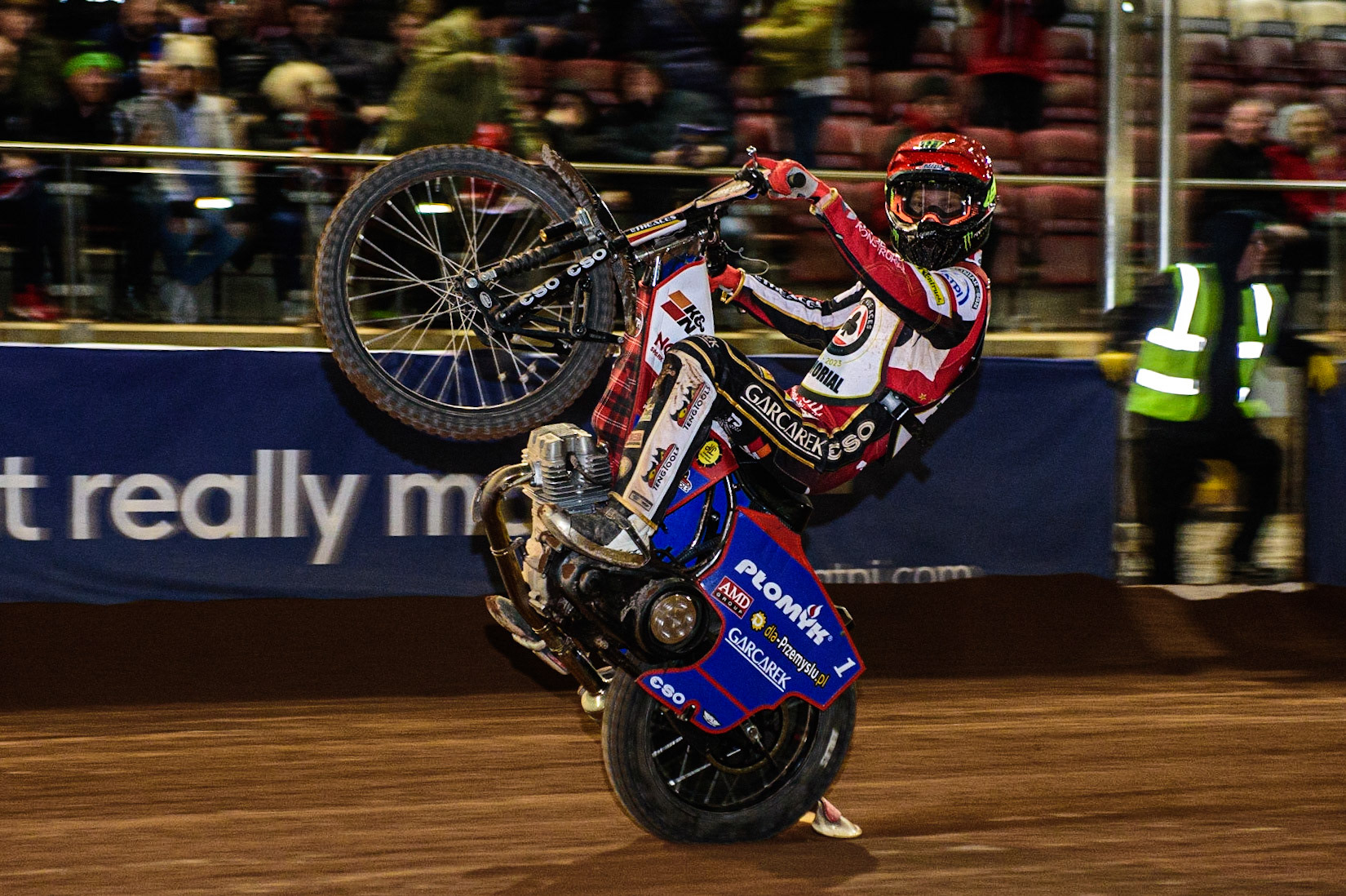 Dan Bewley  celebrates with a wheelie during the Peter Craven Memorial Trophy  at the National Speedway Stadium, Manchester on Monday 3rd April 2023. (Photo: Ian Charles | MI News)