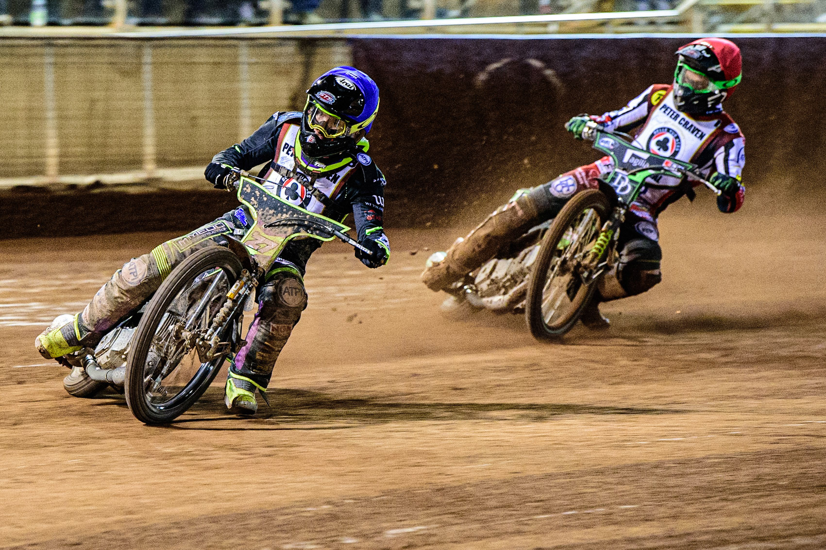 Tom Brennan  (Blue) leads Charles Wright (Red) during the Peter Craven Memorial Trophy  at the National Speedway Stadium, Manchester on Monday 3rd April 2023. (Photo: Ian Charles | MI News)