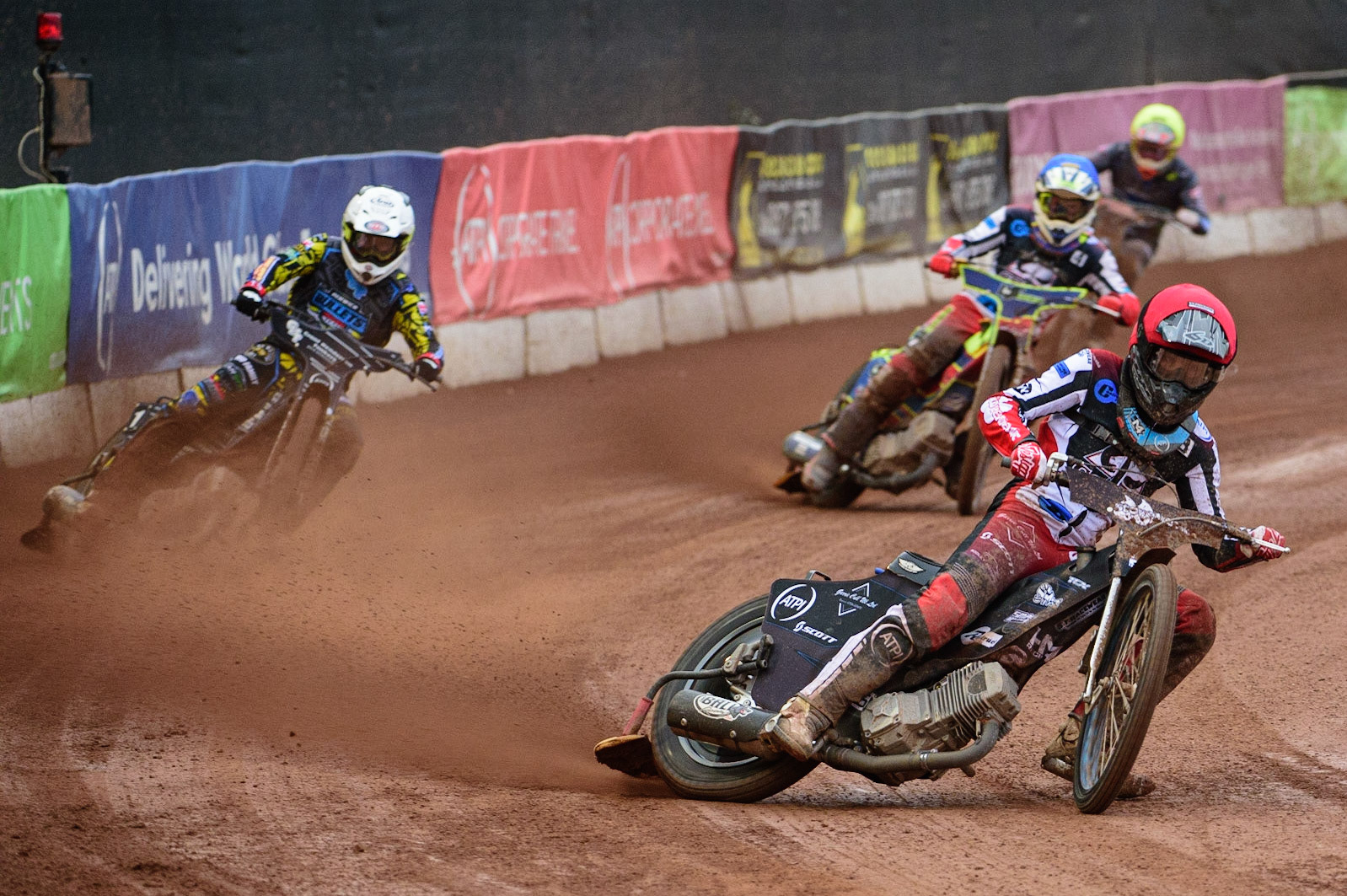 MANCHESTER, UK. JUN 24TH  Harry McGurk  (Red) leads Kyle Bickley  (White) Nathan Ablitt  (Blue) and Mason Watson  (Yellow) during the National Development League match between Belle Vue Colts and Berwick Bullets at the National Speedway Stadium, Manchester on Friday 24th June 2022. (Credit: Ian Charles | MI News)