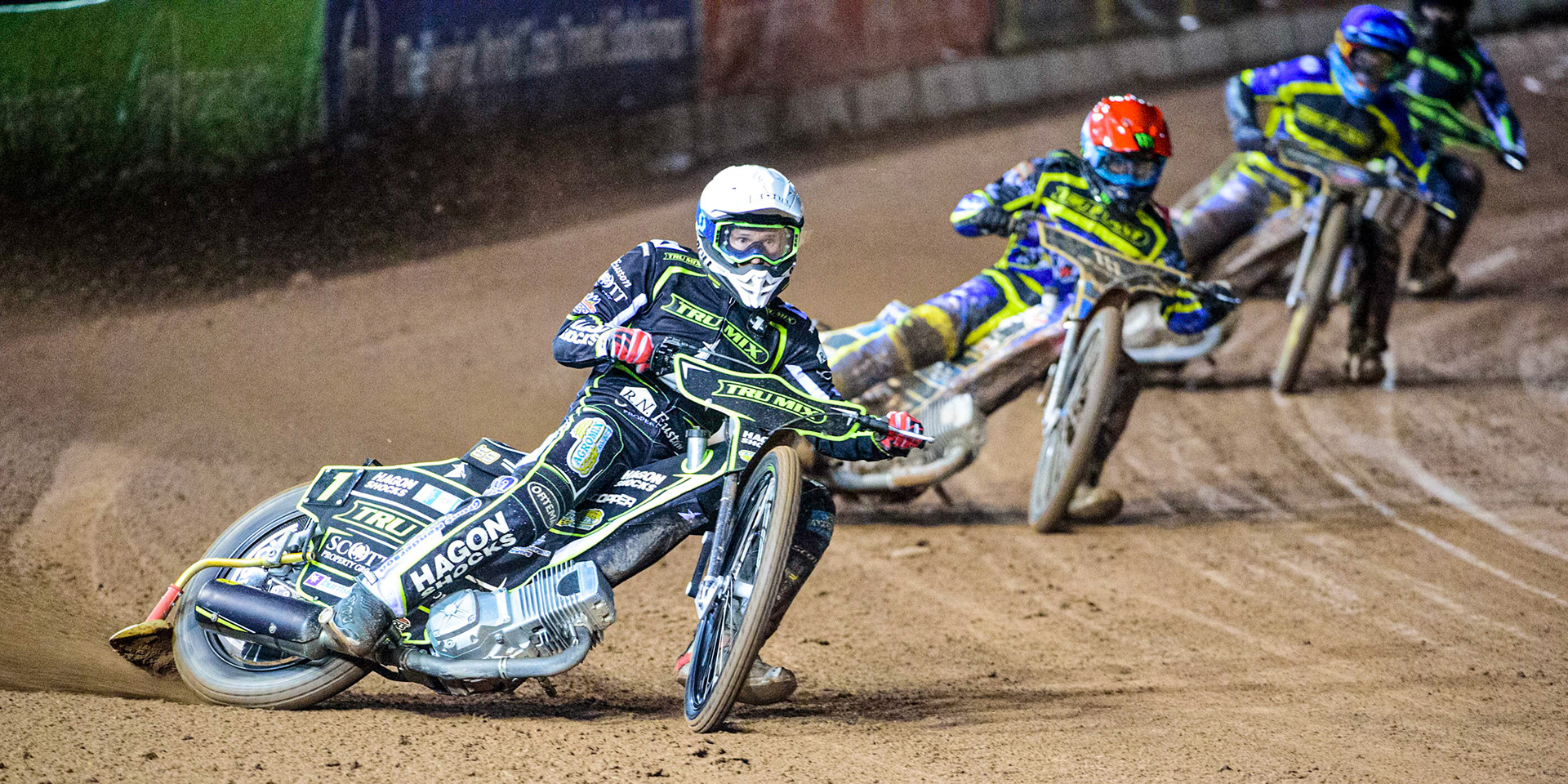 Jason Doyle (White) leads Jack Holder (Red) Justin Sedgmen (Blue) and Erik Riss (Yellow)  during the Grant Henderson Pairs at the National Speedway Stadium, Manchester on Thursday 27th October 2022. (Credit: Ian Charles | MI NEWS)