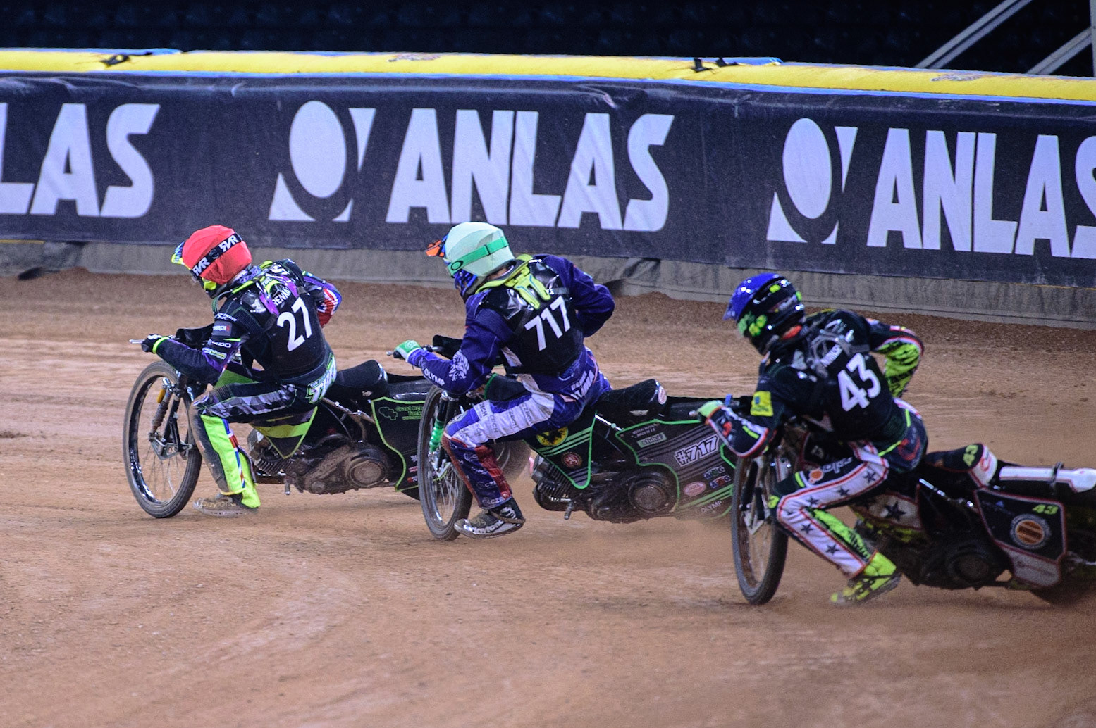 Tom Brennan (Great Britain)  (Red) leads Daniel Klima (Czech Republic) (Yellow) and Casper Henriksson (Sweden)  (Blue) during the FIM  Speedway Grand Prix  2 of Great Britain at the Principality Stadium, Cardiff on Sunday 14th August 2022. (Credit: Ian Charles | MI News)