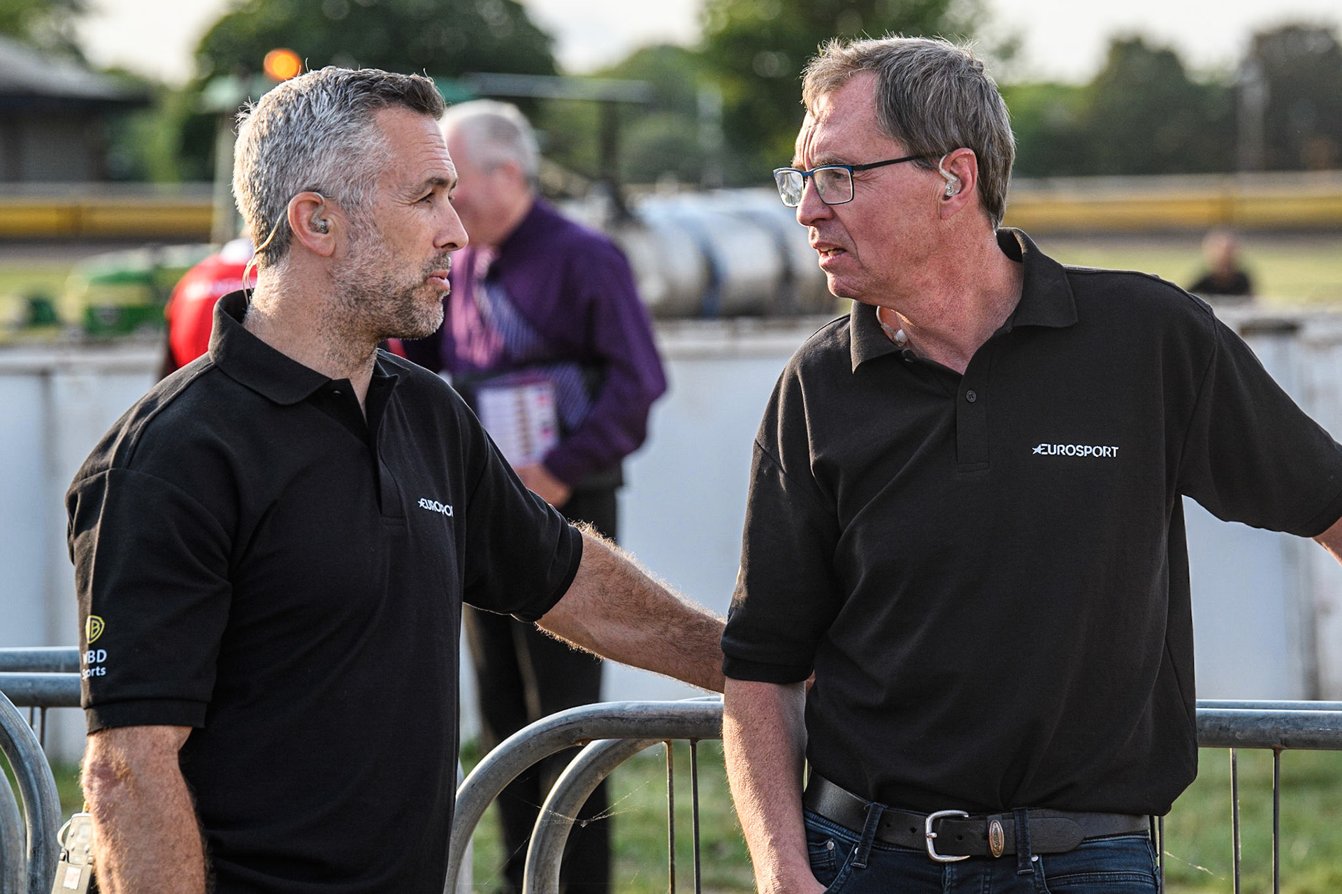 Eurosport presenters Scott Nicholls (left) and Kelvin Tatum during the Sports Insure Premiership match between Peterborough and Belle Vue Aces at East of England Showground, Peterborough on Monday 26th June 2023. (Photo: Ian Charles | MI News)