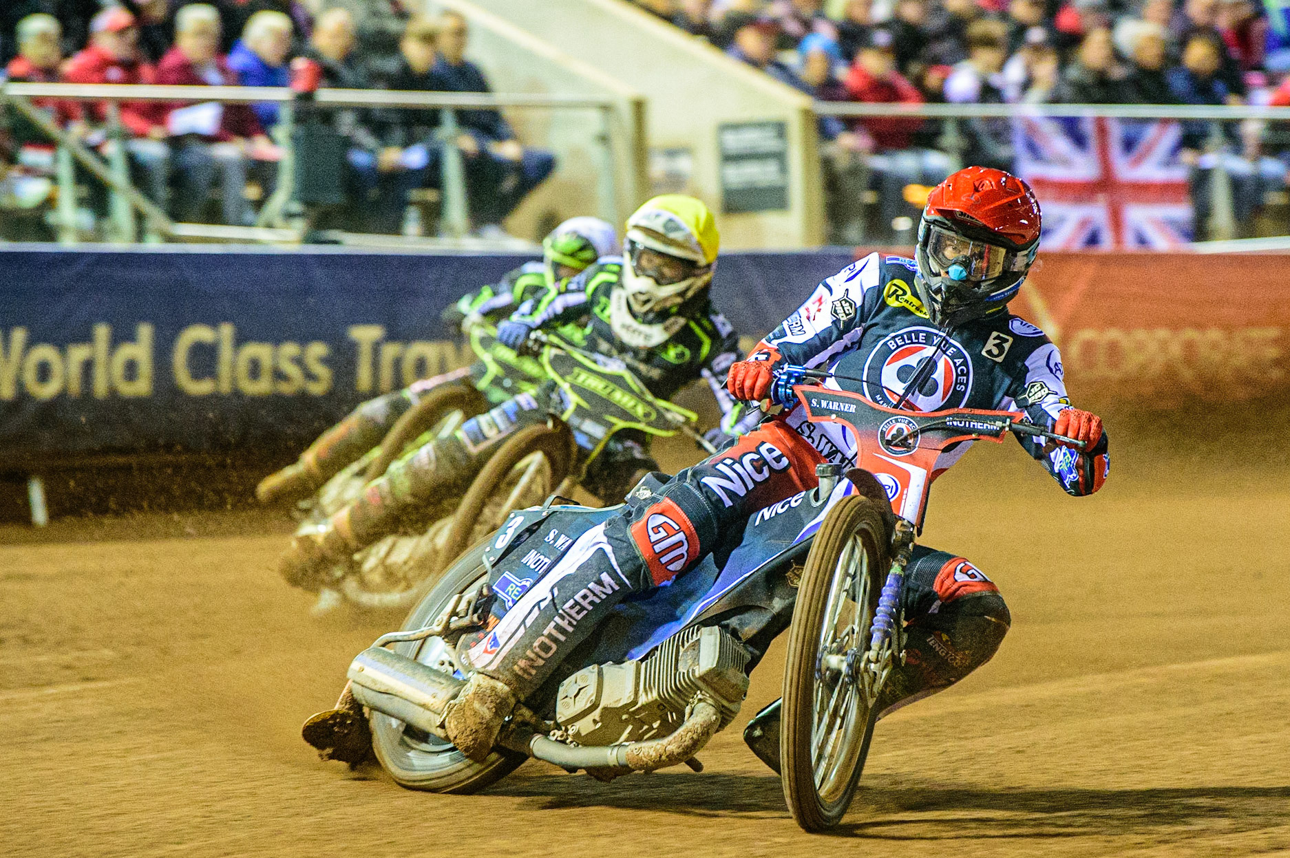 Matej Zagar  (Red) leads Paul Starke  (Yellow) and Danny King  (White) during the SGB Premiership Semi Final 2nd Leg between Belle Vue Aces and Ipswich Witches at the National Speedway Stadium, Manchester on Monday 3rd October 2022. (Credit: Ian Charles | MI News)