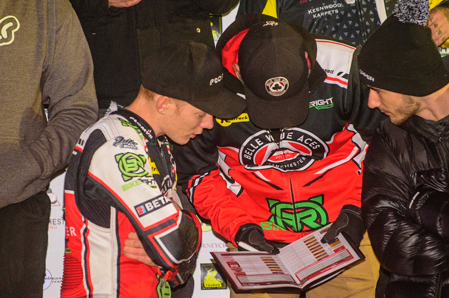PETERBOROUGH, UK. OCT 14TH Dan Bewley  (left) with Mark Lemon as they plan their next move during the SGB Premiership Grand Final 2nd leg between Peterborough and Belle Vue Aces at East of England Showground, Peterborough on Thursday 14th October 2021. (Credit: Ian Charles | MI News)