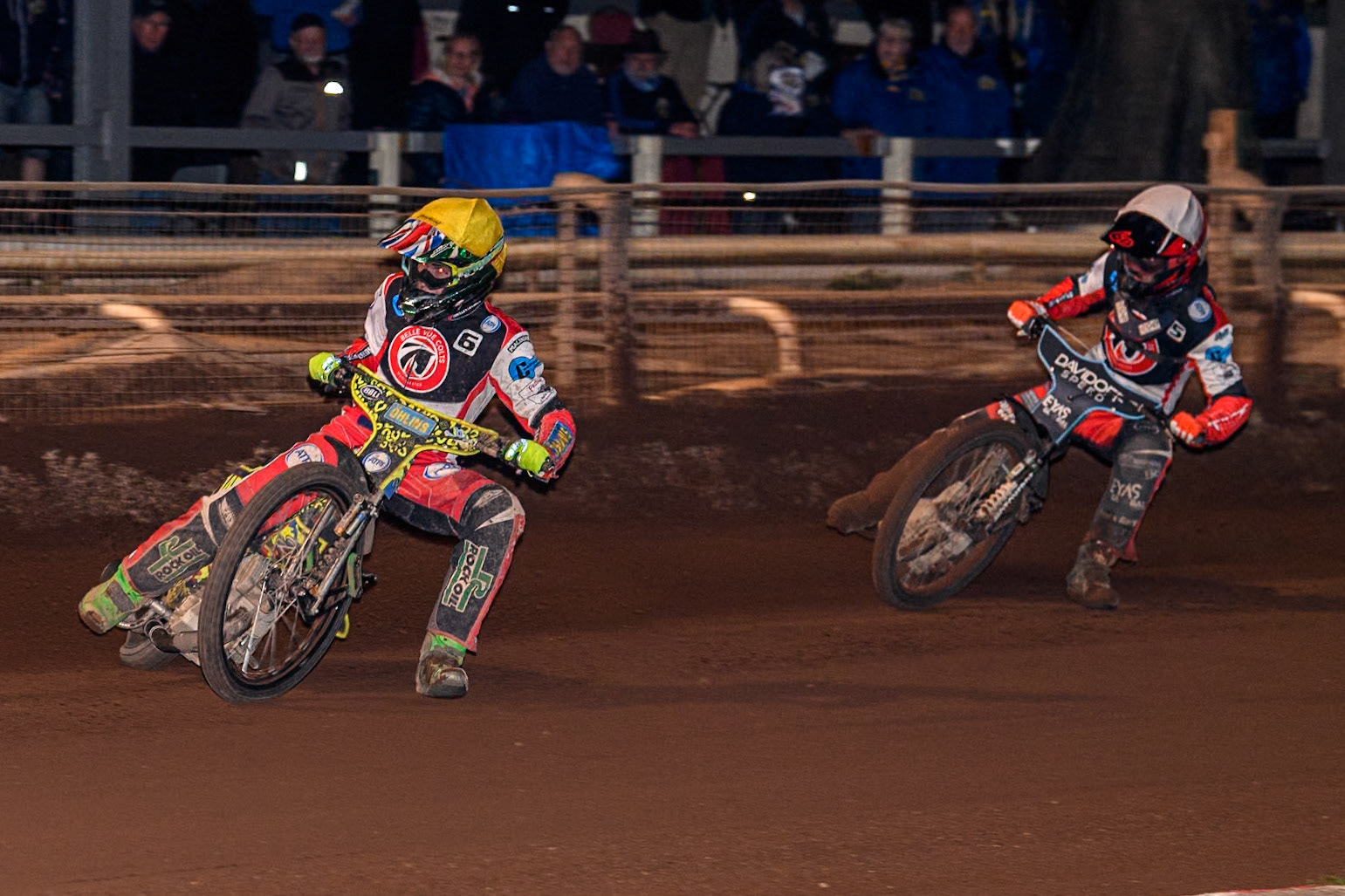 Belle Vue Colts' William Cairns  in Yellow leading team mate Freddy Hodder in White during the WSRA National Development League match between Sheffield Tiger Cubs and Belle Vue Colts at Owlerton Stadium, Sheffield on Thursday 12th September 2024. (Photo: Ian Charles | MI News)