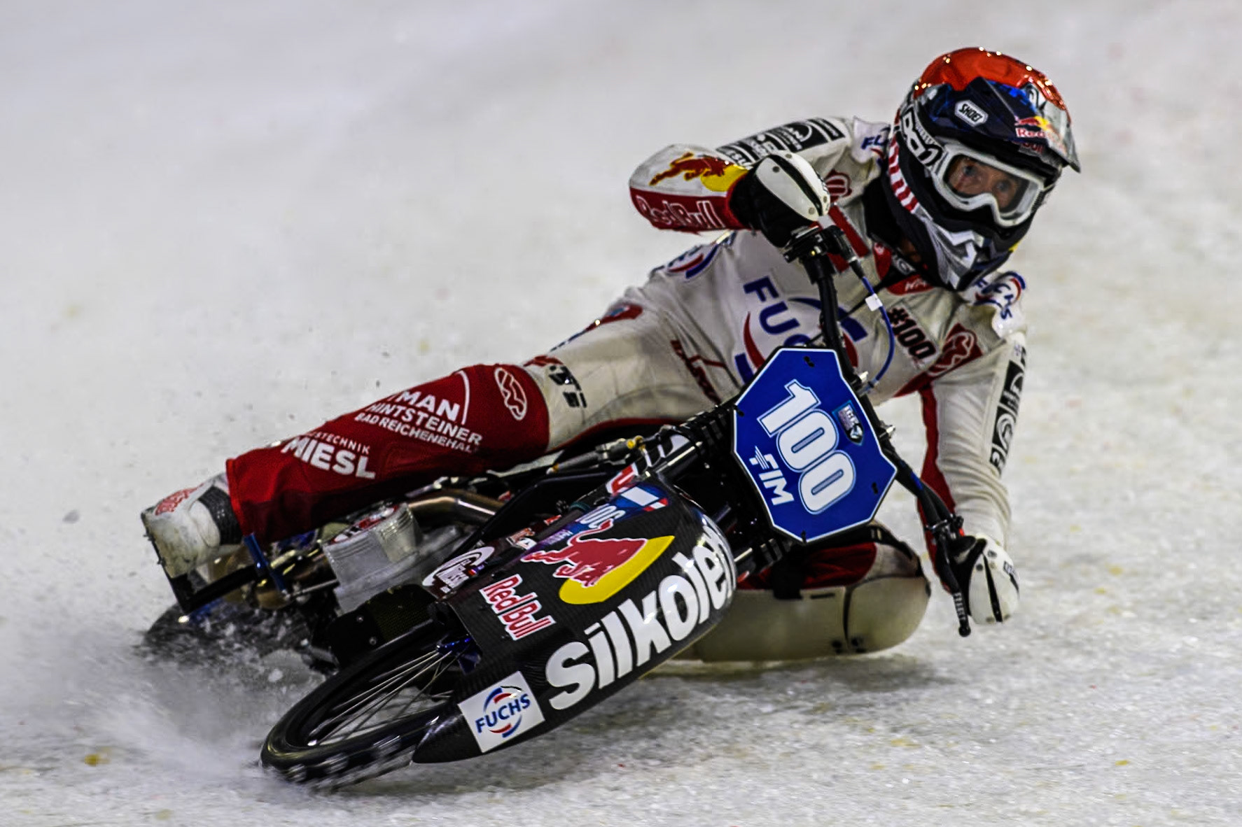 Austria's Franz Zorn (100) in action during the FIM Ice Speedway Gladiators World Championship Final 3 at Ice Rink Thialf, Heerenveen on Saturday 6th April 2024. (Photo: Ian Charles | MI News)