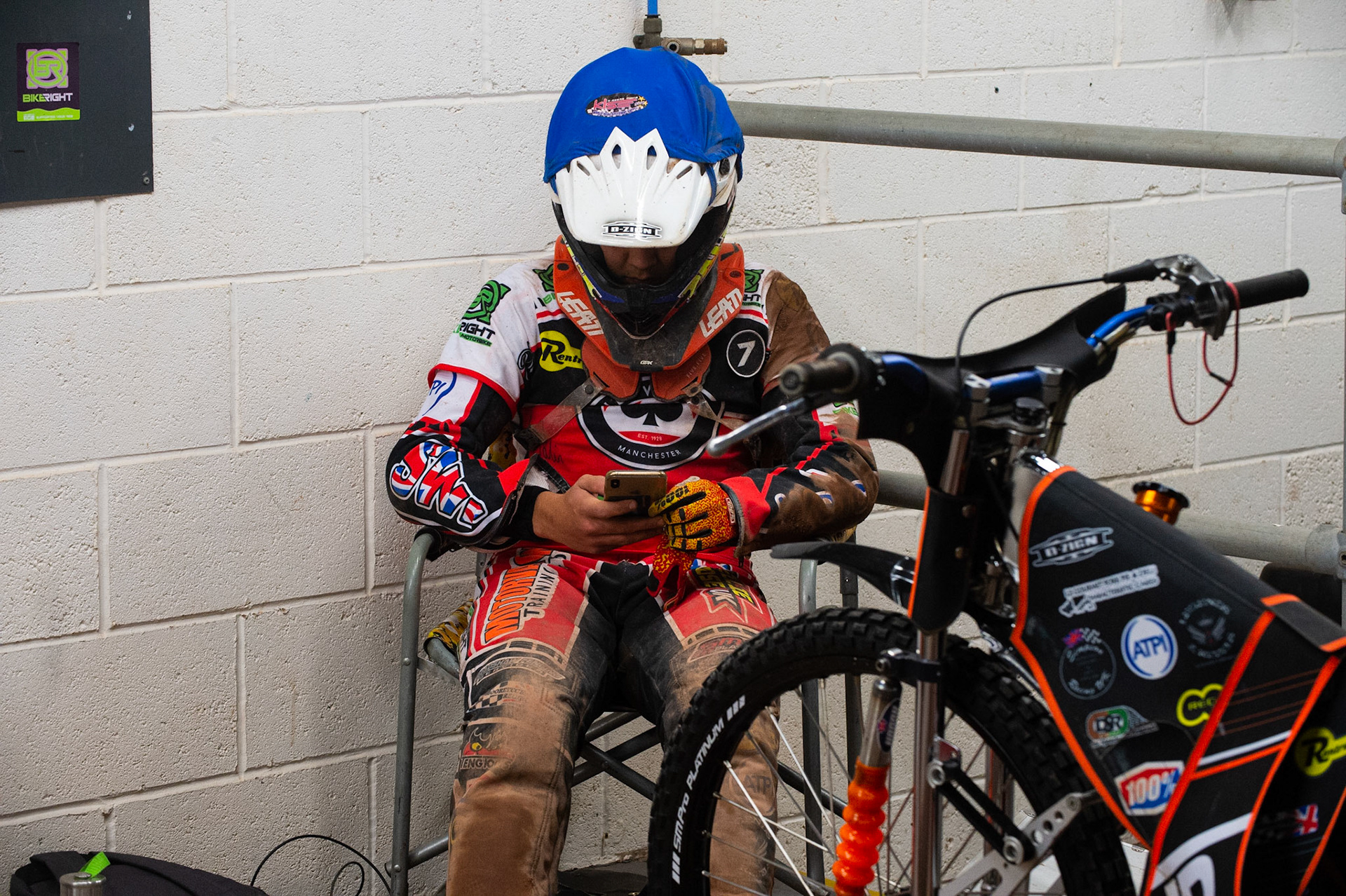 Photo: Ian CharlesJordan Palin of Belle Vue 'BikeRight' Aces checks his phoneBelle Vue ‘Bikerite ’Aces v ‘ATPI’ All Stars, Premiership Challenge, National Speedway Stadium, Manchester Thursday  24  September  2020