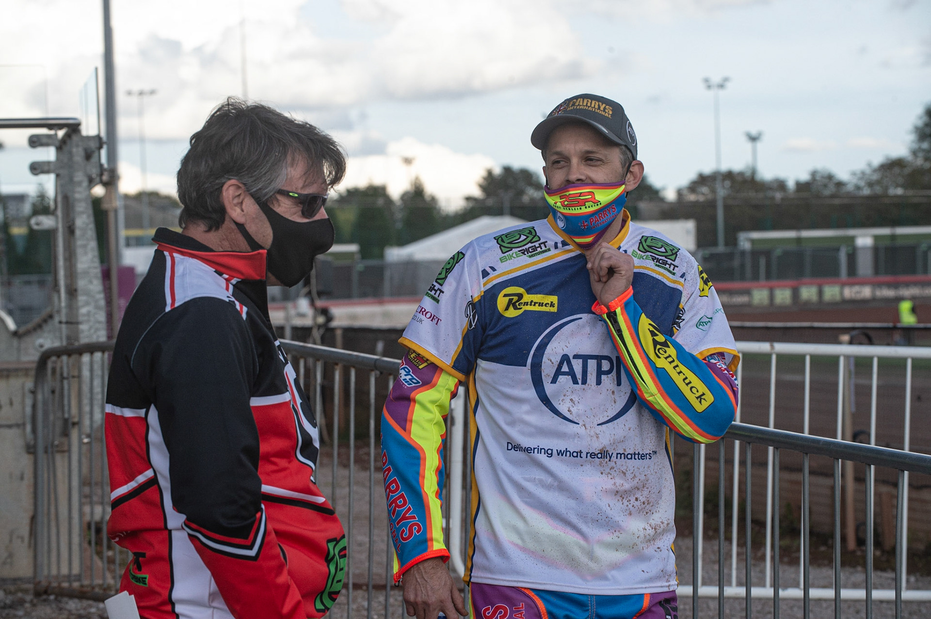 Photo: Ian CharlesMark Lemon, team manager of Belle Vue 'BikeRight' Aces (left) with Rory Schlein of the 'ATPI' All StarsBelle Vue ‘Bikerite ’Aces v ‘ATPI’ All Stars, Premiership Challenge, National Speedway Stadium, Manchester Thursday  24  September  2020