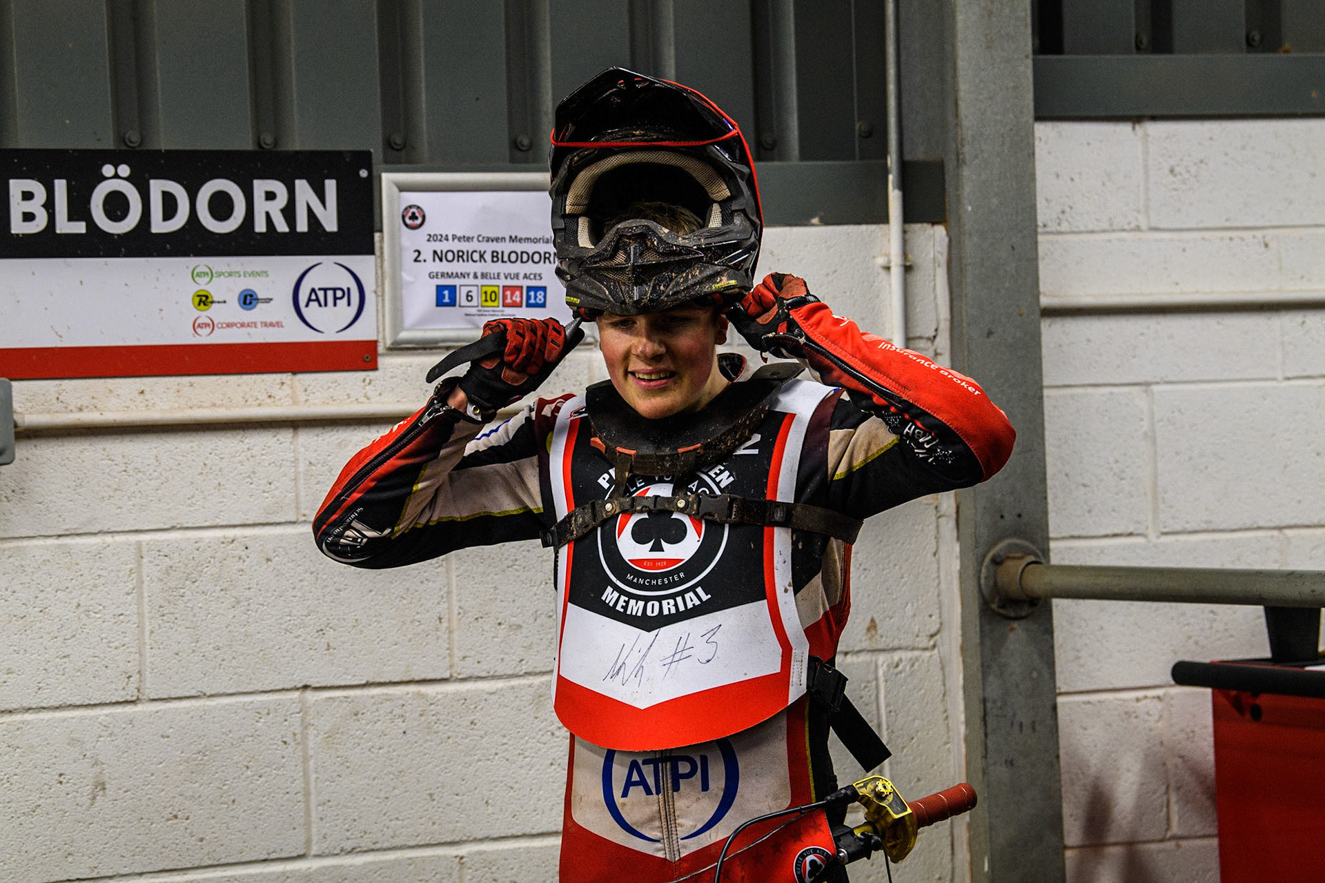 Germany's Norick Blödorn prepares for his next heat during the Peter Craven Memorial Trophy meeting at the National Speedway Stadium, Manchester on Monday 18th March 2024. (Photo: Ian Charles | MI News)