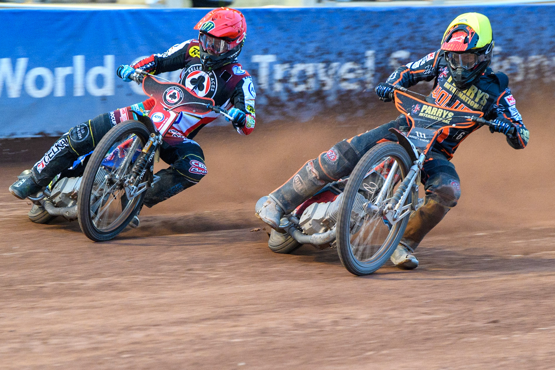 Jaimon Lidsey (Red) leads Zach Cook (Yellow) during the Sports Insure Premiership Knock Out Cup Quarter Final 2nd Leg between Belle Vue Aces and Wolverhampton Wolves at the National Speedway Stadium, Manchester on Thursday 18th May 2023. (Photo: Ian Charles | MI News)