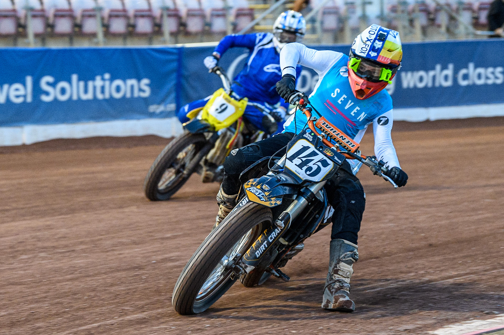 Paddy Moore (145) leads Archie May (9) during the Sports Insure Premiership match between Belle Vue Aces and Wolverhampton Wolves at the National Speedway Stadium, Manchester on Monday 3rd July 2023. (Photo: Ian Charles | MI News)