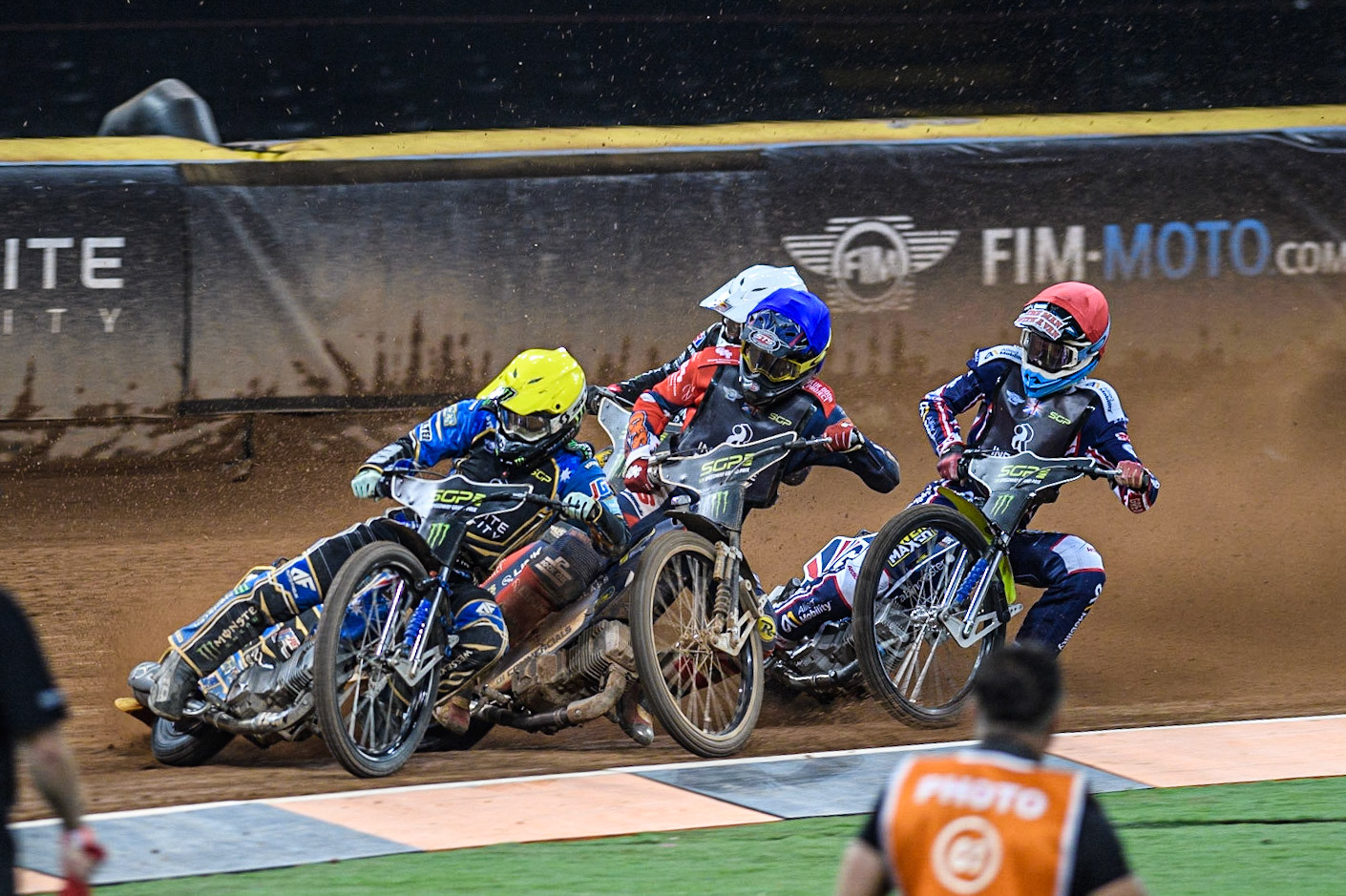 Jack Holder (25) (Yellow) leads  Anders Rowe (17) (White), Steve Worrall (16) (Blue) and Maciej Janowski (71) (Red) during the FIM Speedway Grand Prix of Great Britain at the Principality Stadium, Cardiff on Saturday 2nd September 2023. (Photo: Ian Charles | MI News)