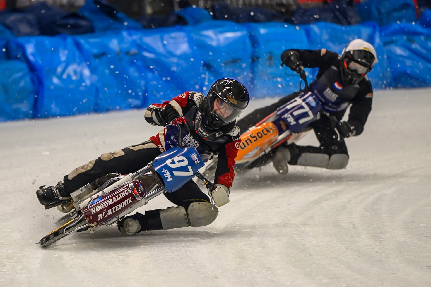 Ove Ledström (97) of Sweden  in Blue leading Leon Kramer (777) of The Netherlands  in White during the Ice Speedway Gladiators World Championship Final 1 at Max-Aicher-Arena, Inzell on Saturday 14th March 2026. (Photo: Ian Charles | MI News)