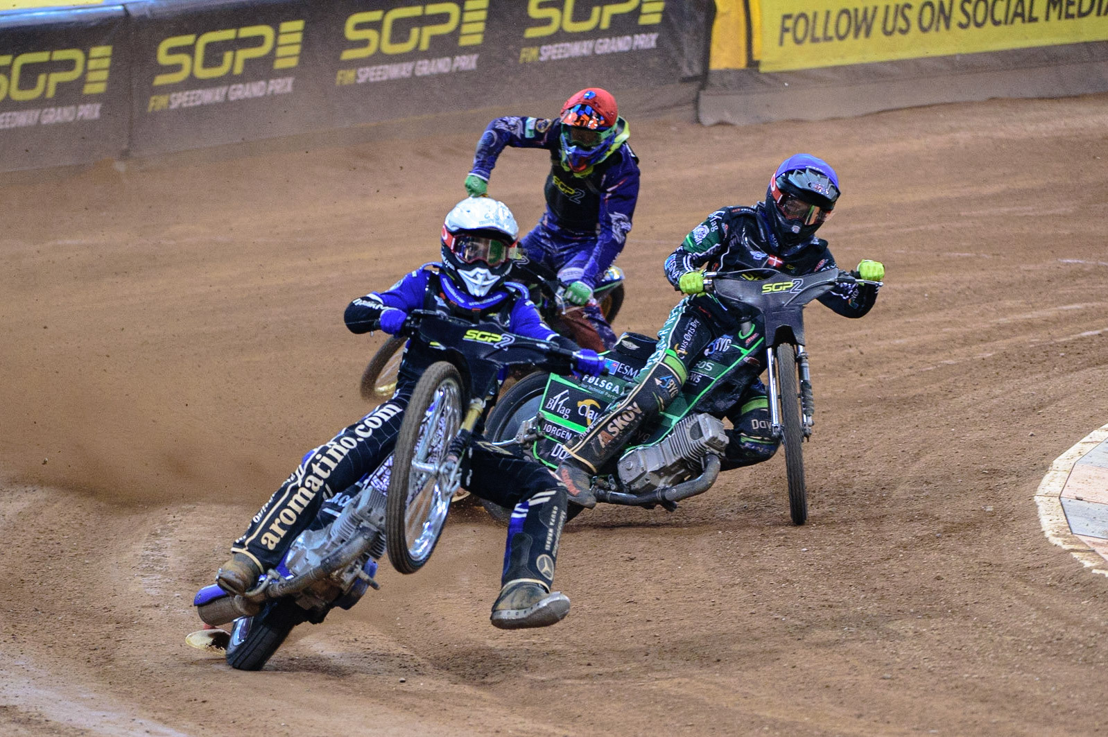 Jakub Miskowiak (Poland) (White) rears uncontrollably with Jonas Knudsen (Denmark)  (Blue) and Daniel Klima (Czech Republic) (Red) behind during the FIM  Speedway Grand Prix  2 of Great Britain at the Principality Stadium, Cardiff on Sunday 14th August 2022. (Credit: Ian Charles | MI News)