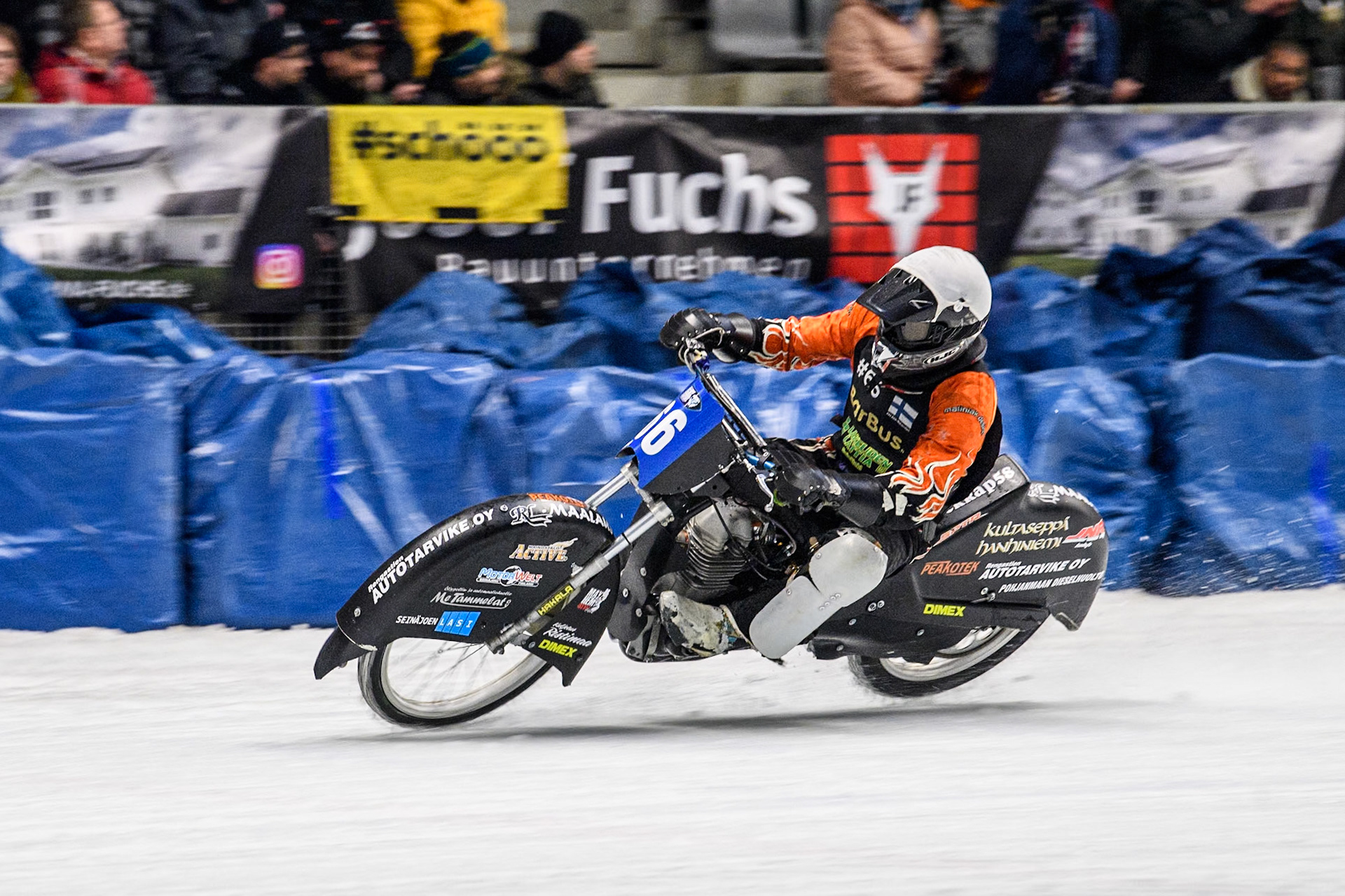 Finland's Aki Ala-Riihimäki (66) leads the final during the FIM Ice Speedway Gladiators World Championship Final 2 at the Max-Aicher-Arena, Inzell on Sunday 24 March 2024. (Photo: Ian Charles | MI News)