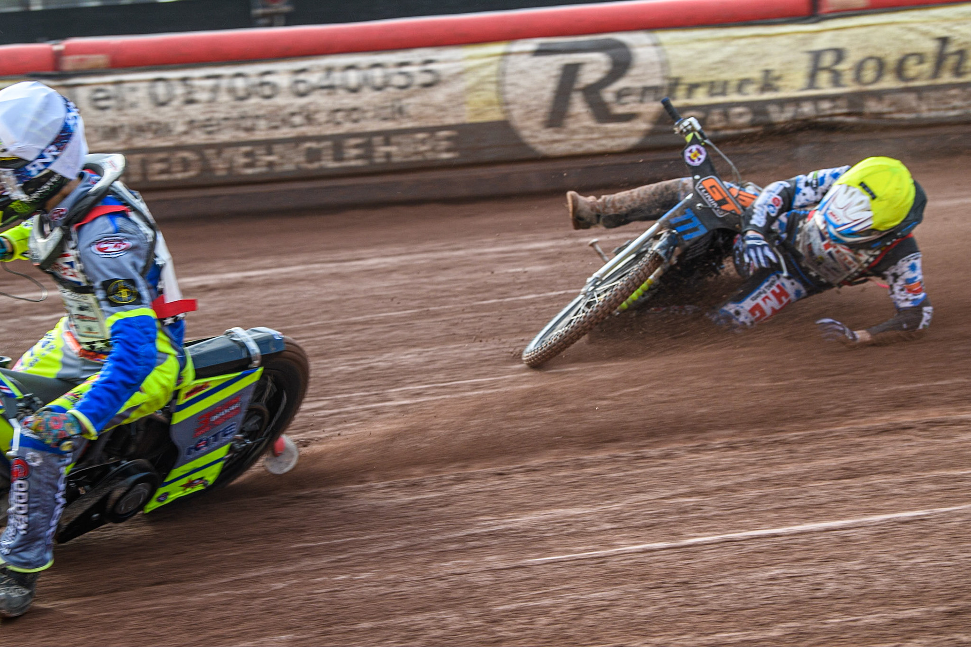 Sonny Springer (White) collides with Billy Budd (Yellow) and causes Budd to fall during the British Youth Speedway Championships at the National Speedway Stadium, Manchester on Friday 21st July 2023. (Photo: Ian Charles | MI News)