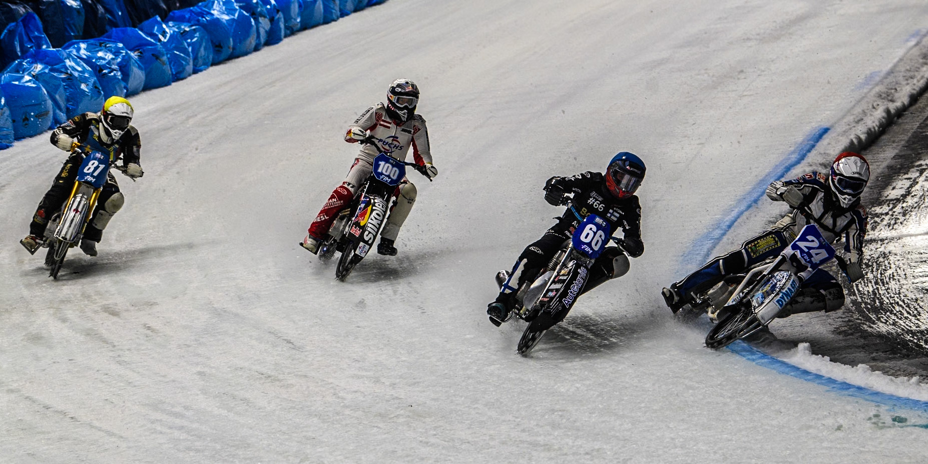 Max Koivula (24) of Finland in Red leading \Aki Ala-Riihimäki (66) of Finland in Blue, Franky Zorn (100) of Austria in White and Jimmy Olsén (81) of Sweden in Yellow during the Ice Speedway Gladiators World Championship Final 1 at Max-Aicher-Arena, Inzell on Saturday 15th March 2025. (Photo: Ian Charles | MI News)