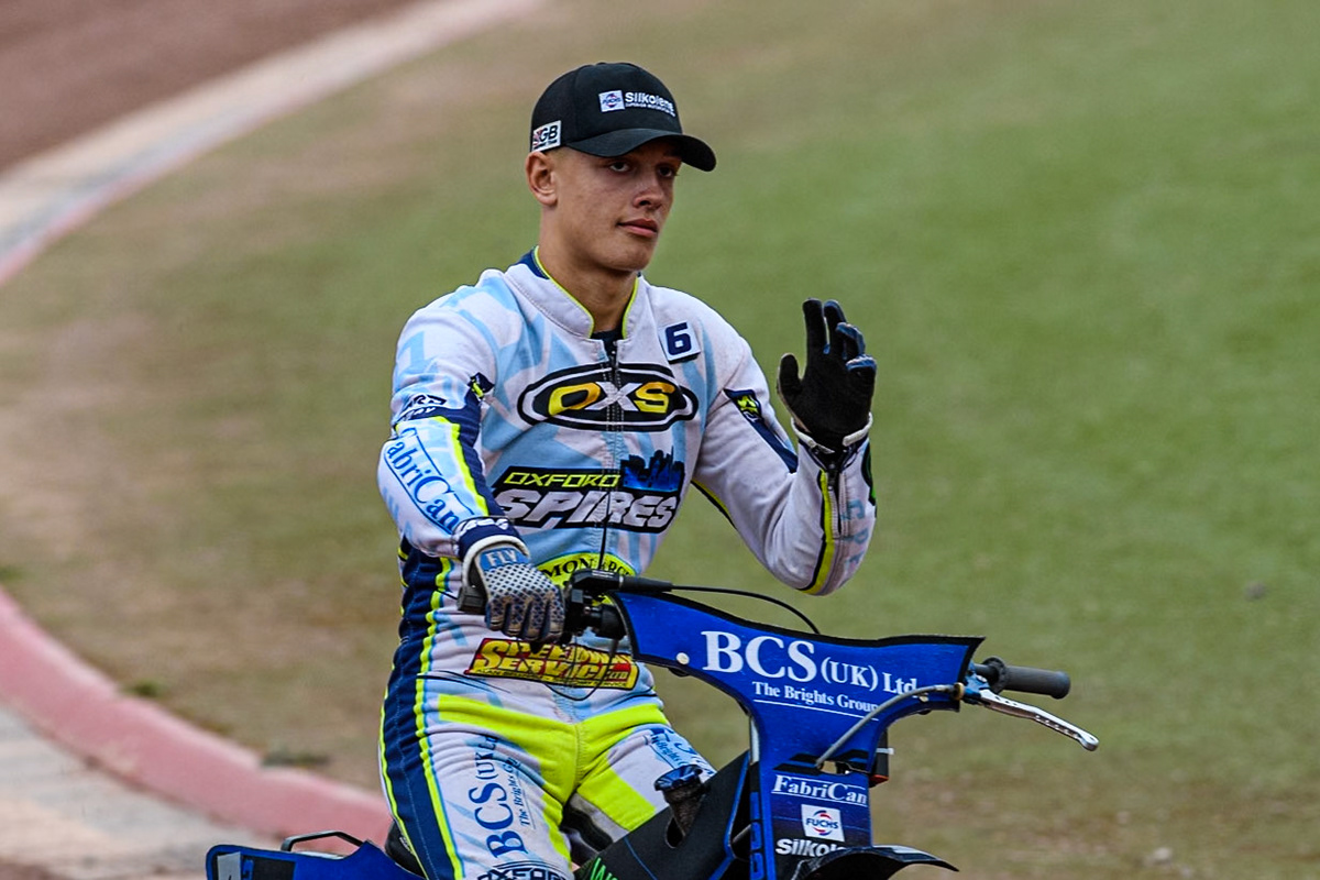 Oxford Spires' Ashton Boughen on the parade lap during the Rowe Motor Oil Premiership match between Belle Vue Aces and Oxford Spires at the National Speedway Stadium, Manchester on Monday 22nd July 2024. (Photo: Ian Charles | MI News)