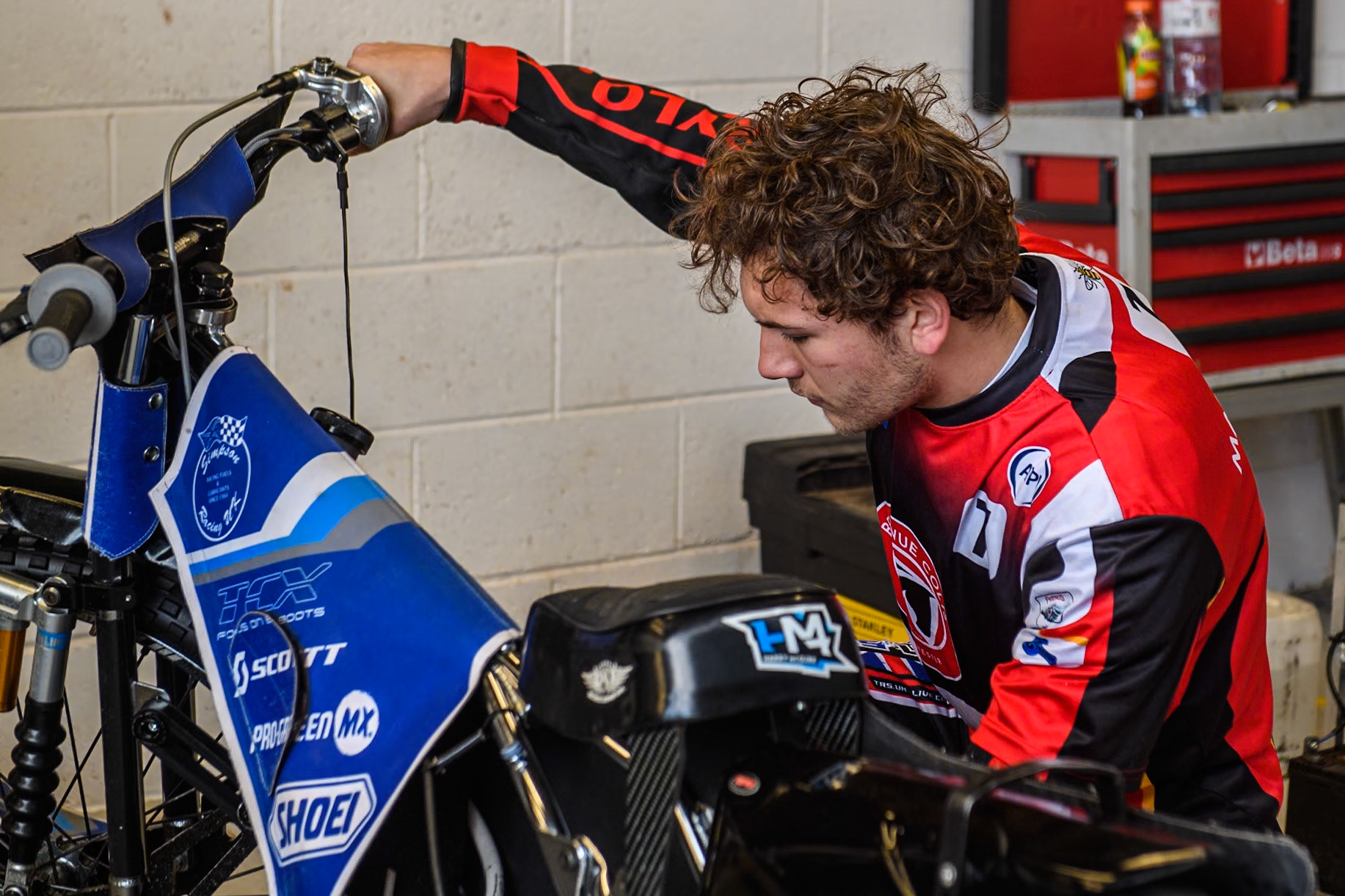 Belle Vue Colts' Harry McGurk chats his bike during the WSRA  National Development League match between Belle Vue Colts and Leicester Lion Cubs at the National Speedway Stadium, Manchester on Friday 29th March 2024. (Photo: Ian Charles | MI News)