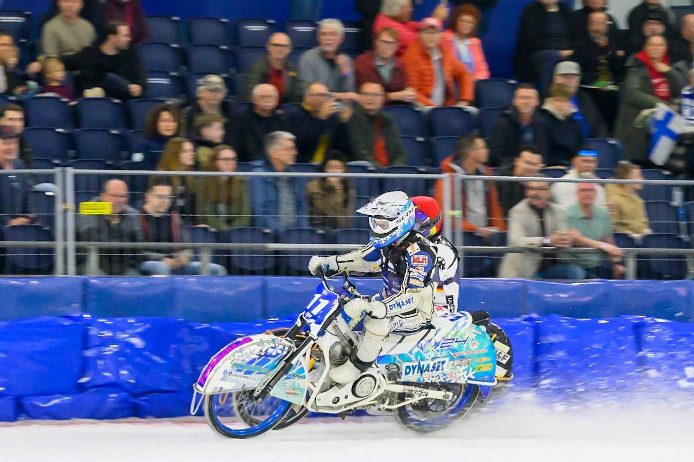 Max Koivula (11) of Finland in White rides inside Max Niedermaier (9) of Germany  in Red during the FIM Ice Speedway Of Nations at Ice Rink Thialf, Heerenveen on Sunday 12th April 2026. (Photo: Ian Charles | MI News)