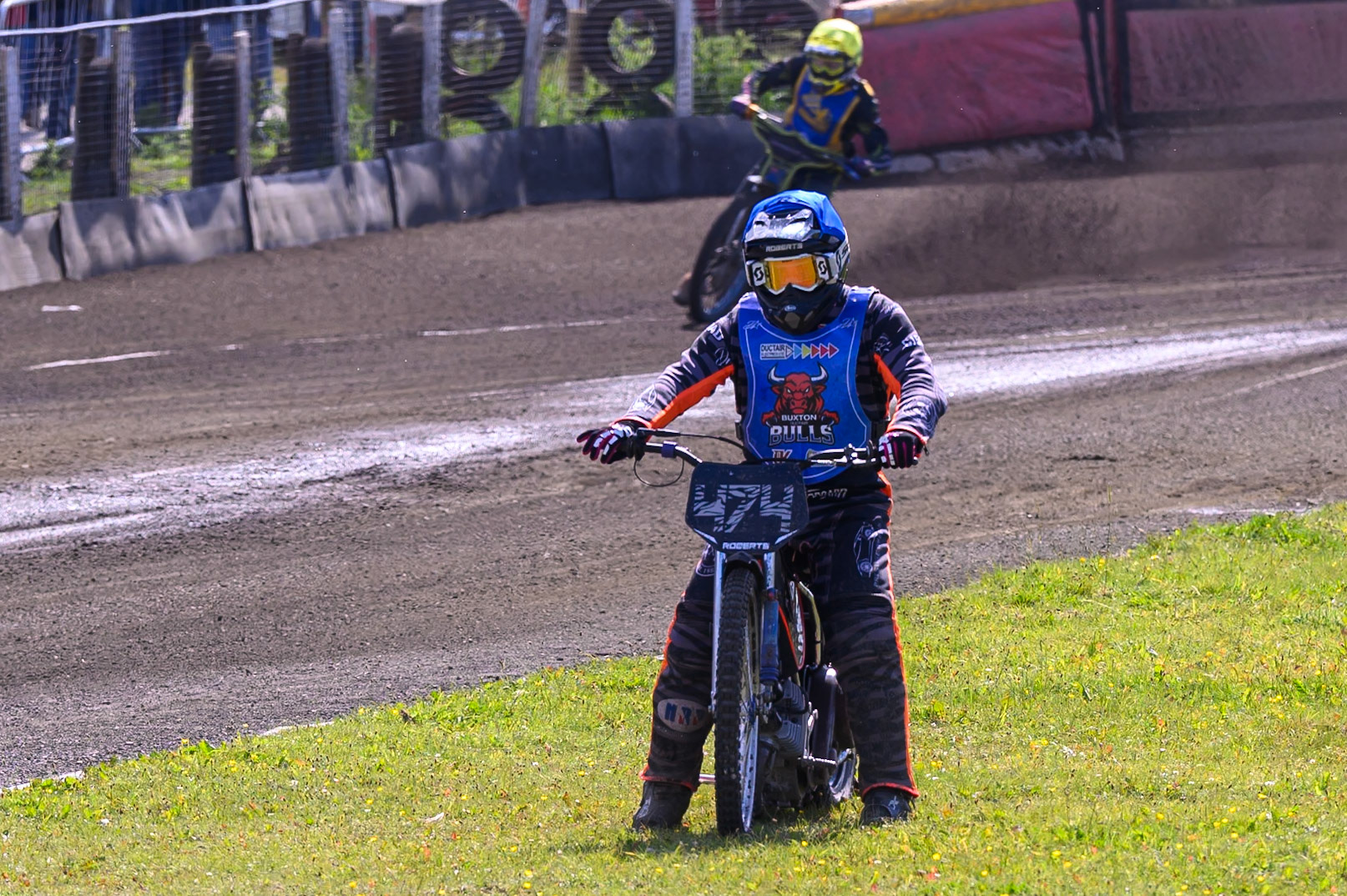 Jack Roberts of Buxton Bulls  pulled up after his machine failure during the WSRA National Development League match between Buxton Bulls and Edinburgh Monarchs Academy at Hi-Edge Speedway, Buxton on Sunday 14th June 2026. (Photo: Ian Charles | MI News)