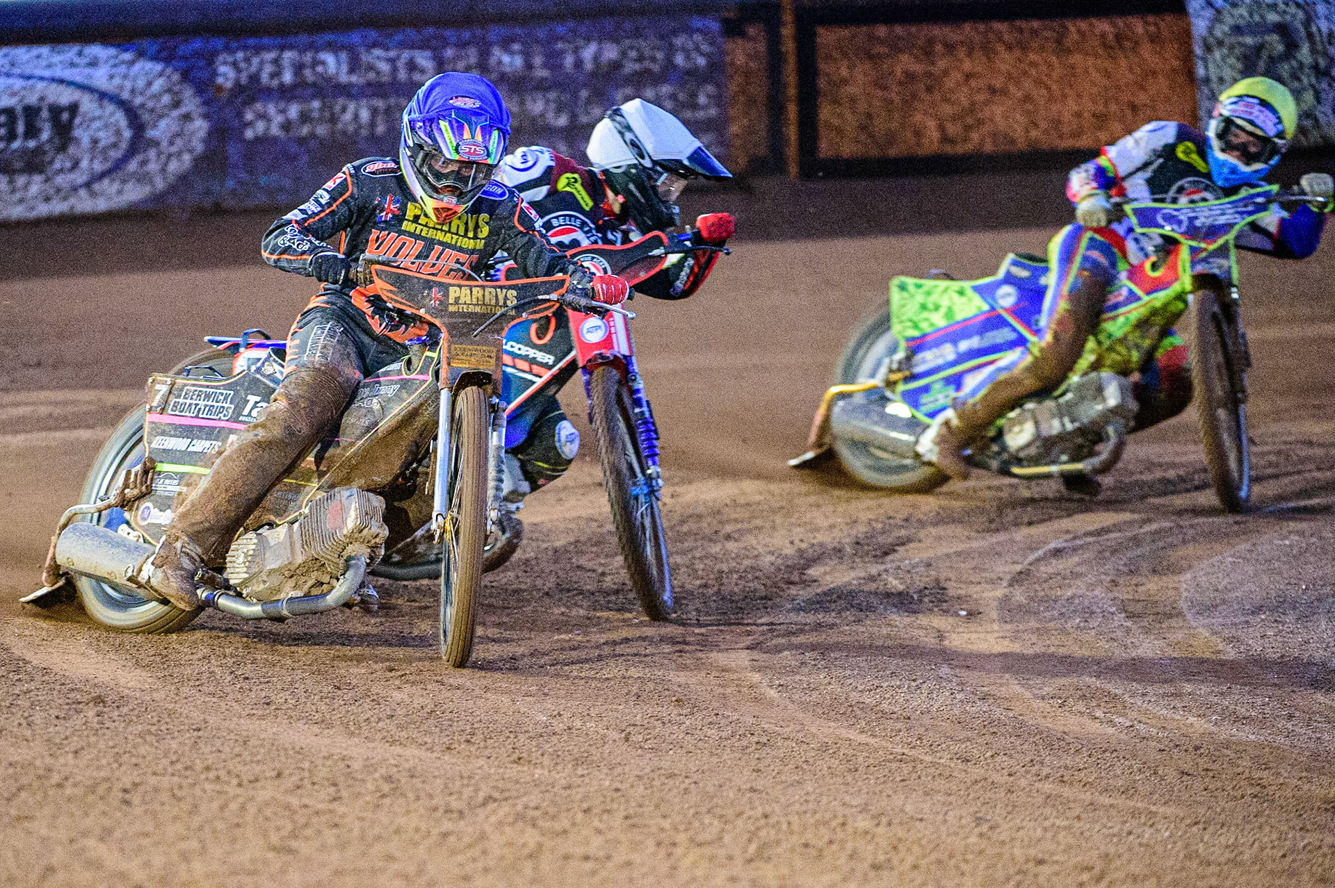 Leon Flint  (Blue) leads Brady Kurtz  (White) and Anders Rowe  (Yellow) during the SGB Premiership Knock Out Cup Quarter Final 1st Leg between Wolverhampton Wolves and Belle Vue Aces at Monmore Green Stadium, Wolverhampton on Monday 10th April 2023. (Photo: Ian Charles | MI News)
