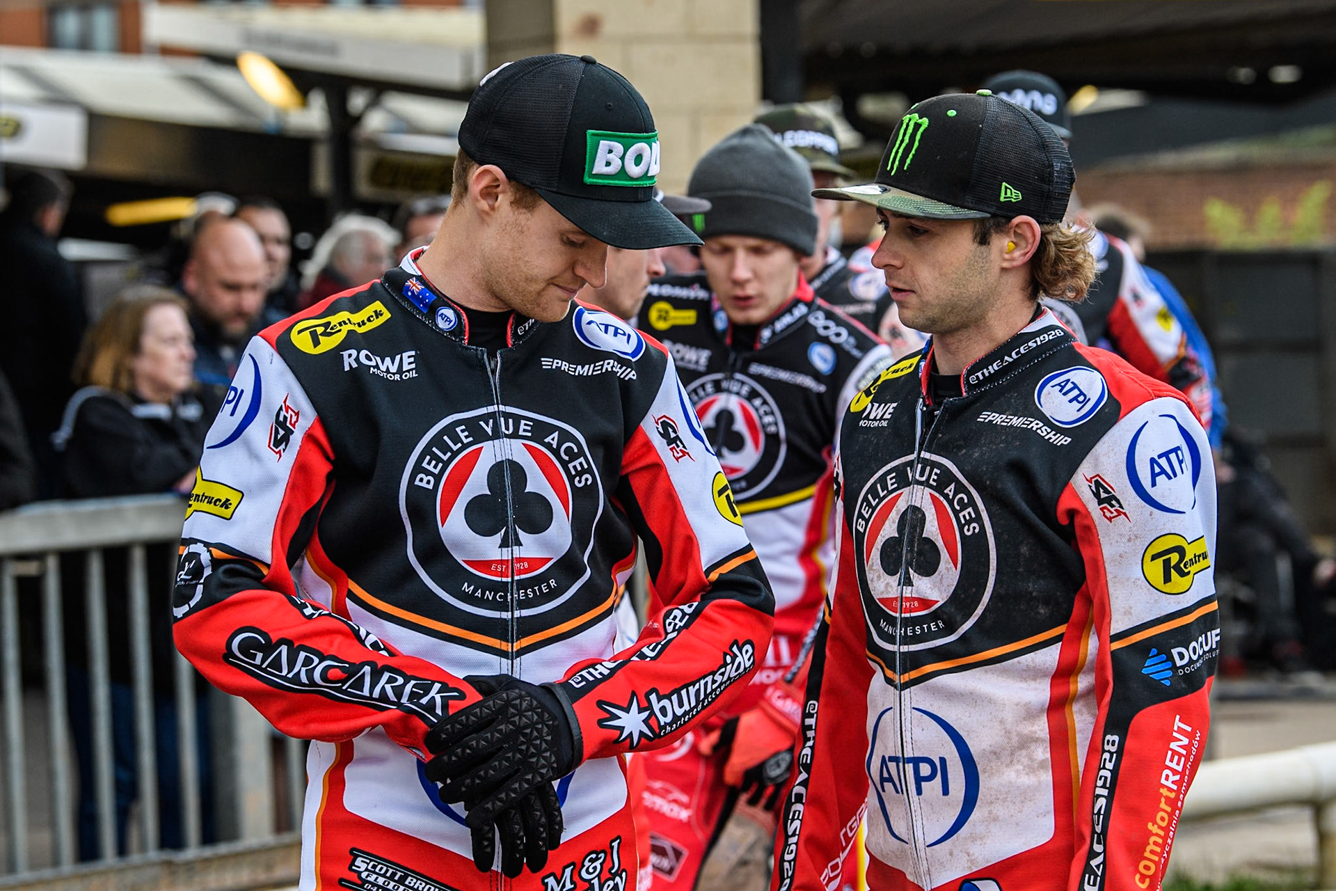 Brady Kurtz of Belle Vue Aces (Left) with Jaimon Lidsey of Belle Vue Aces during the Rowe Motor Oil Premiership match between Sheffield Tigers and Belle Vue Aces at Owlerton Stadium, Sheffield on Monday 5th May 2025. (Photo: Ian Charles | MI News)