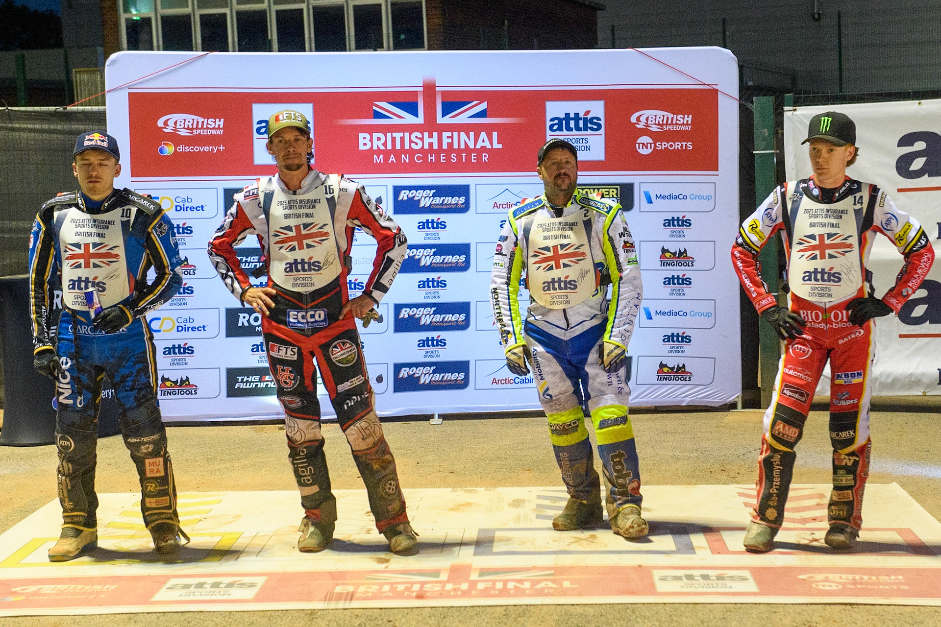 Riders ick the gate positions for the Final: (L to R) Robert Lambert, Charles Wright, Chris Harris and Dan Bewley during the Attis Insurance Sports Division British Final at the National Speedway Stadium, Manchester on Monday 12th May 2025. (Photo: Ian Charles | MI News)