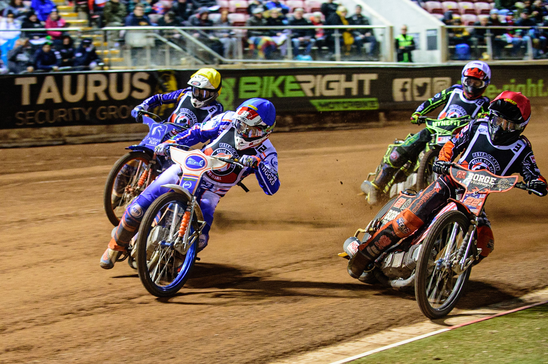 MANCHESTER, UK. OCT 23RD  Jason Crump (Blue) leads Luke Becker  (Red) Lewis Kerr  (Yellow) and Jye Etheridge  (White) during the Peter Craven Memorial Trophy event at the National Speedway Stadium, Manchester on Saturday 23rd October 2021. (Credit: Ian Charles | MI News)