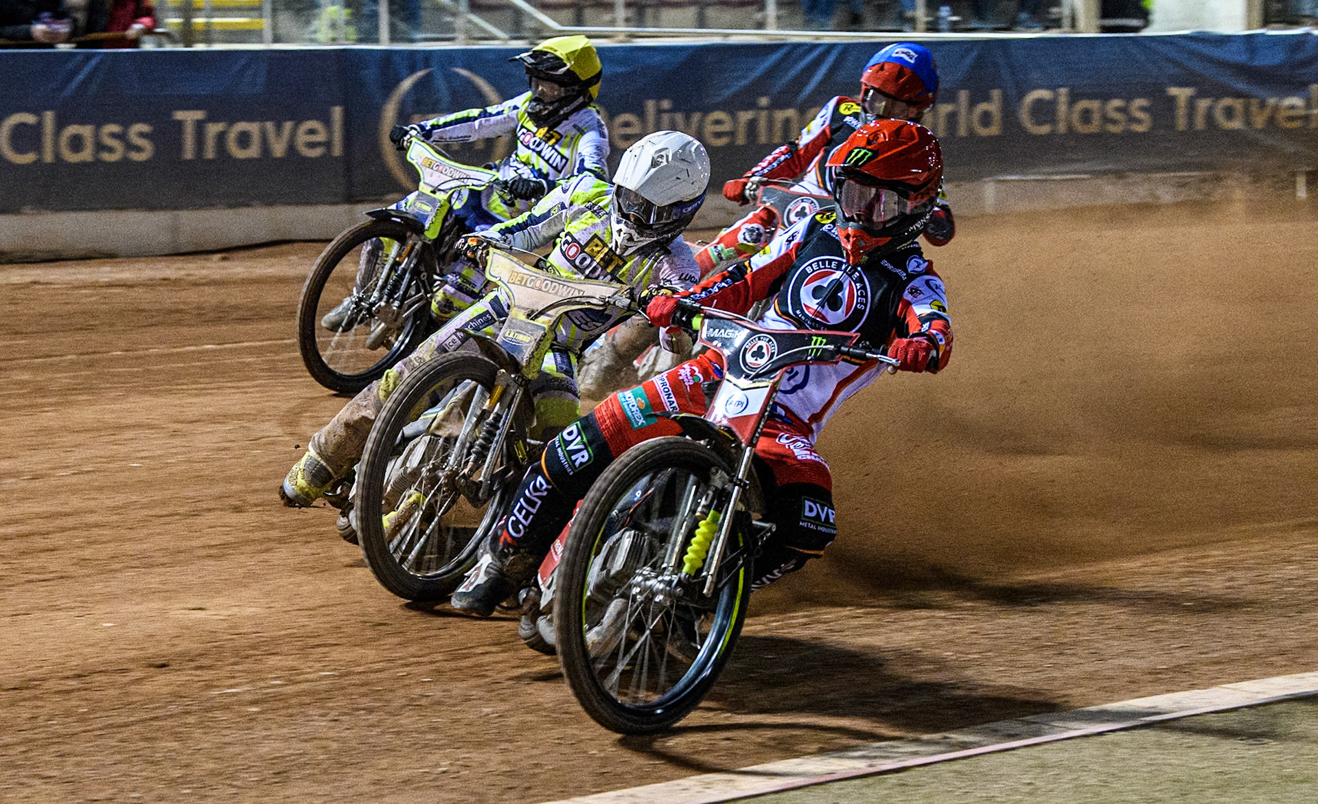 Belle Vue Aces' Jaimon Lidsey in Red rides inside Oxford Spires' Rohan Tungate in White and Oxford Spires' Erik Riss in Yellow with Belle Vue Aces' Tate Zischke in Blue behind during the Rowe Motor Oil Premiership match between Belle Vue Aces and Oxford Spires at the National Speedway Stadium, Manchester on Monday 14th April 2025. (Photo: Ian Charles | MI News)