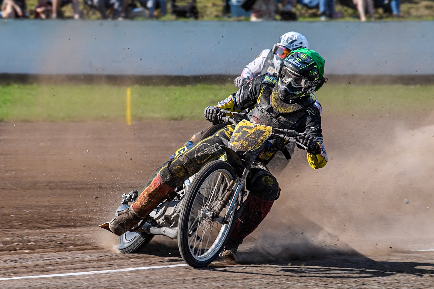 Mika Meijer (54) of The Netherlands in Green  leading Hynek Stichauer (86) of Czech Republic  in White during the FIM Long Track World Championship Final 5 at the Speed Centre Roden, Roden, Netherlands on Sunday 22nd September 2024. (Photo: Ian Charles | MI News)