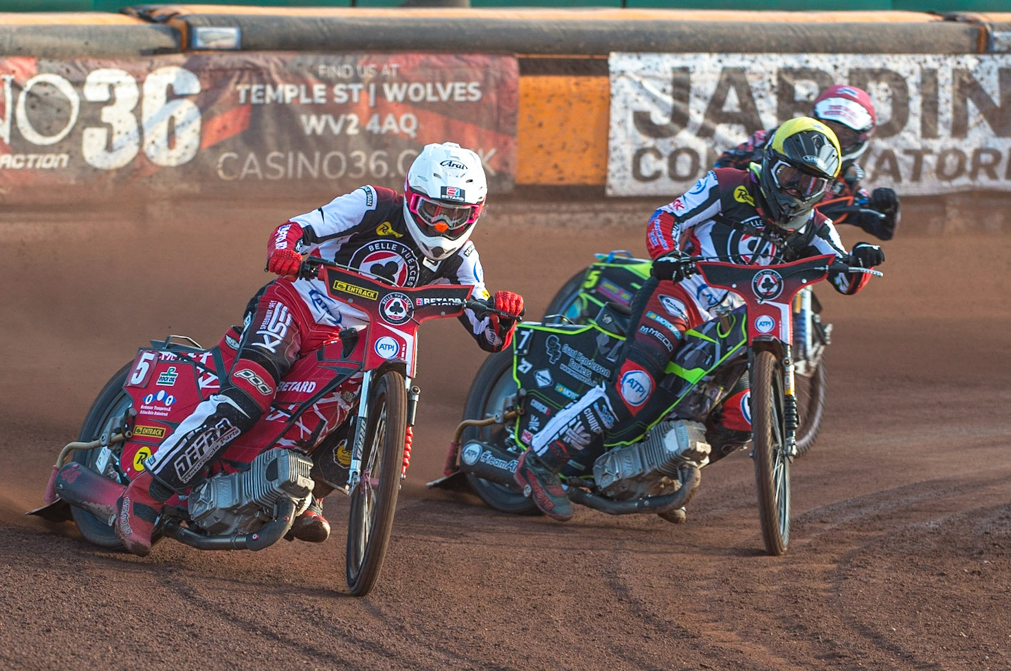 WOLVERHAMPTON, UK. JUN 20TH Max Fricke  (White) and Tom Brennan  (Yellow) lead Nick Morris  (Red)  during the SGB Premiership match between Wolverhampton Wolves and Belle Vue Aces at Monmore Green Stadium, Wolverhampton on Monday 20th June 2022. (Credit: Ian Charles | MI News)