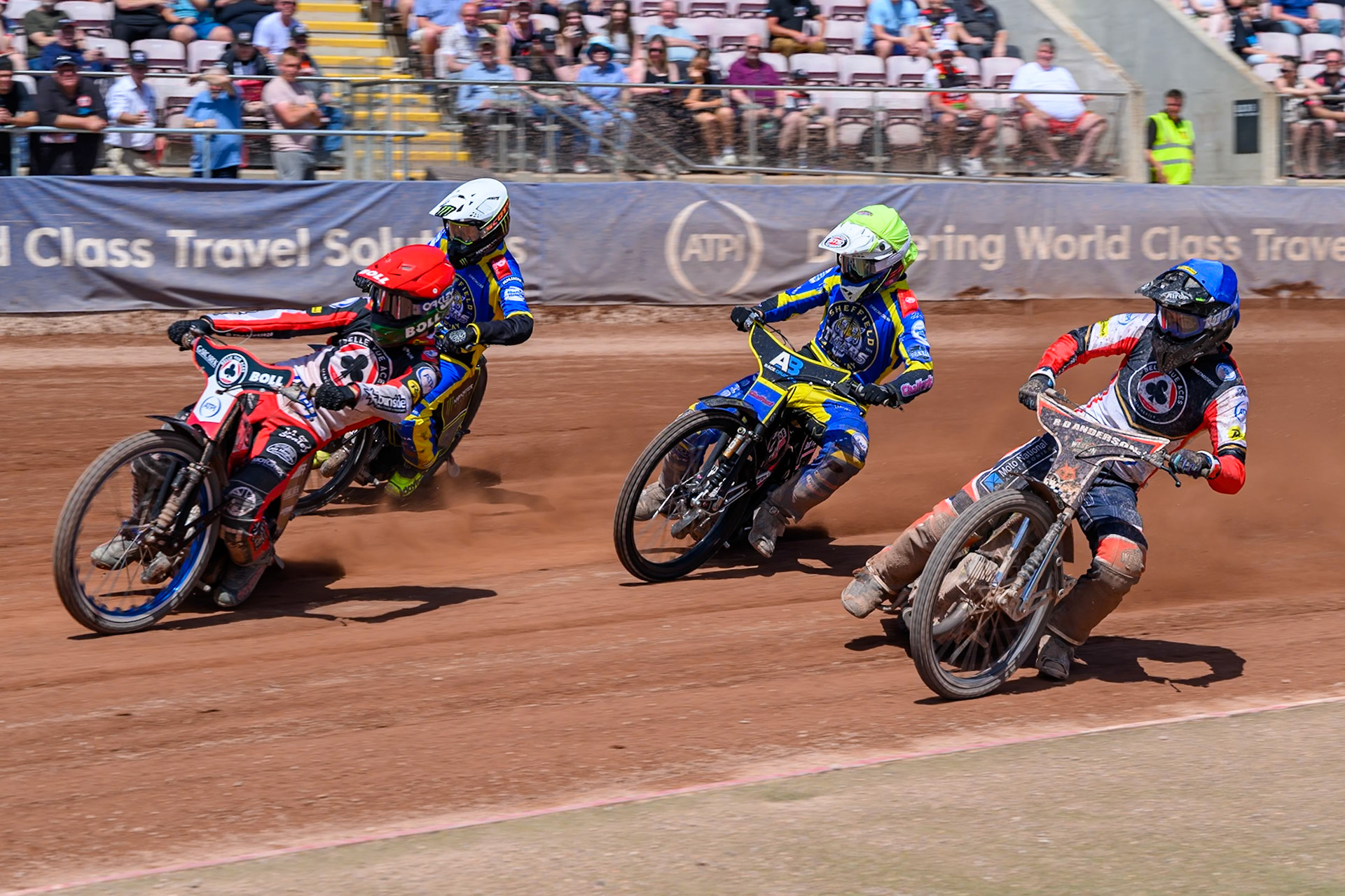 Brady Kurtz of Belle Vue Aces in Red leading Kye Thomson, Guest Rider for Belle Vue Aces in Blue, Leon Flint of Sheffield Tigers in Yellow and Chris Holder of Sheffield Tigers  in White during the Rowe Motor Oil Premiership match between Belle Vue Aces and Sheffield Tigers at the National Speedway Stadium, Manchester on Monday 25th May 2026. (Photo: Ian Charles | MI News)