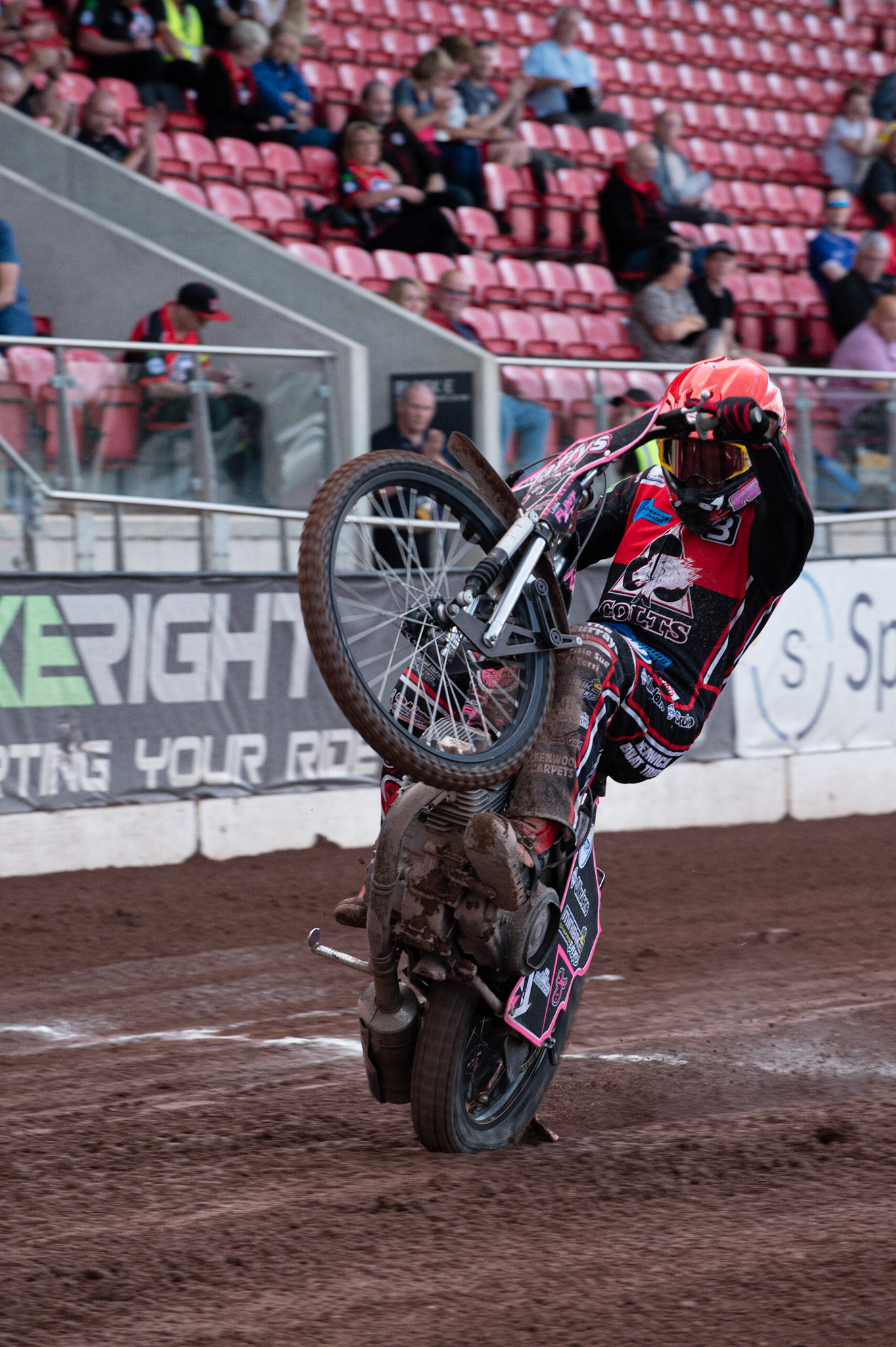 Photo: Ian Charles

Leon Flint pulls a wheelie 

Belle Vue Colts v Isle Of Wight Warriors, SGB National League KO Cup Quarter Final 1st Leg, Belle Vue National Speedway Stadium, Manchester, Monday 22  July  2019