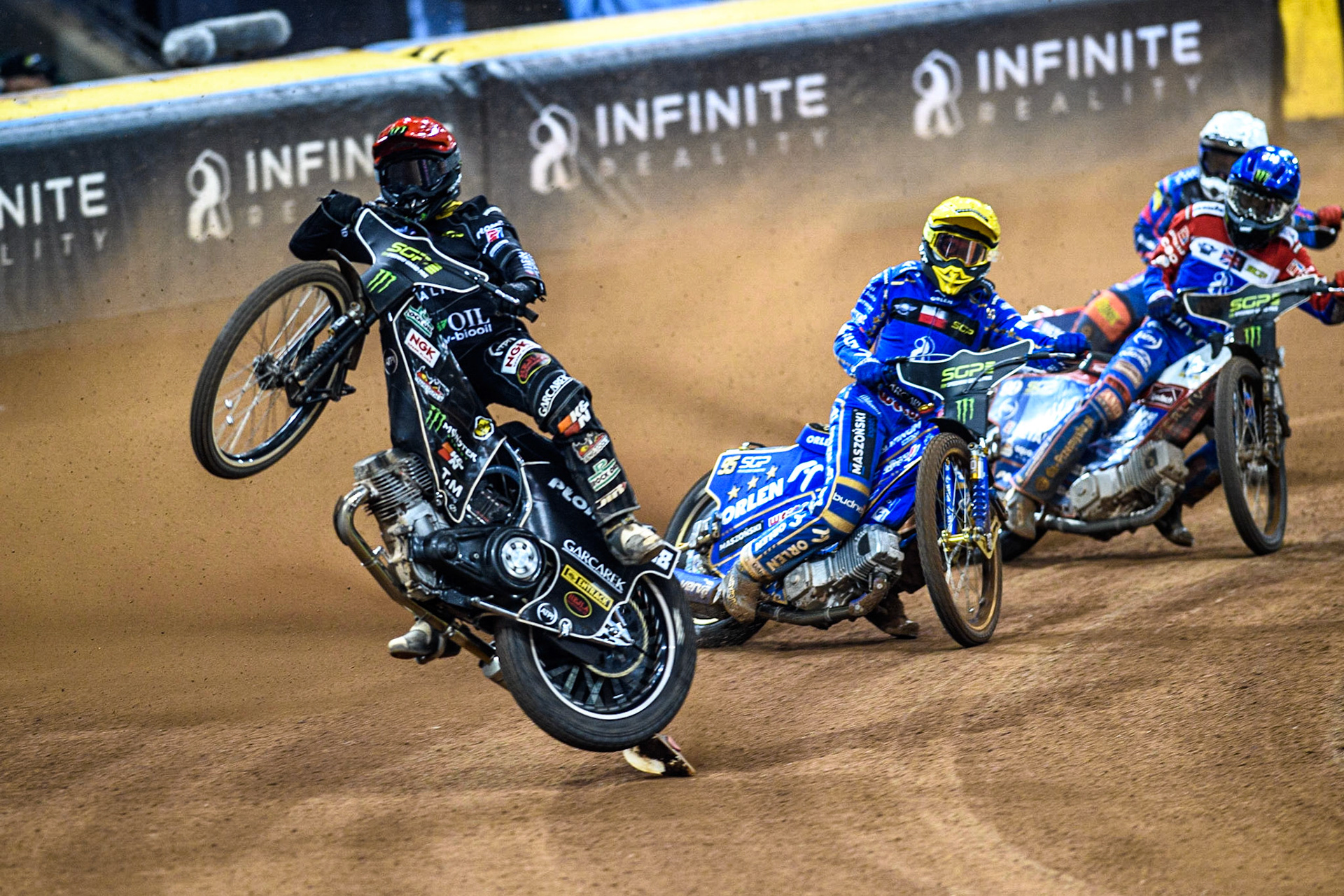 Tai Woffinden (108) (Red) picks up some drive and crashes whilst leading Heat 16 during the FIM Speedway Grand Prix of Great Britain at the Principality Stadium, Cardiff on Saturday 2nd September 2023. (Photo: Ian Charles | MI News)